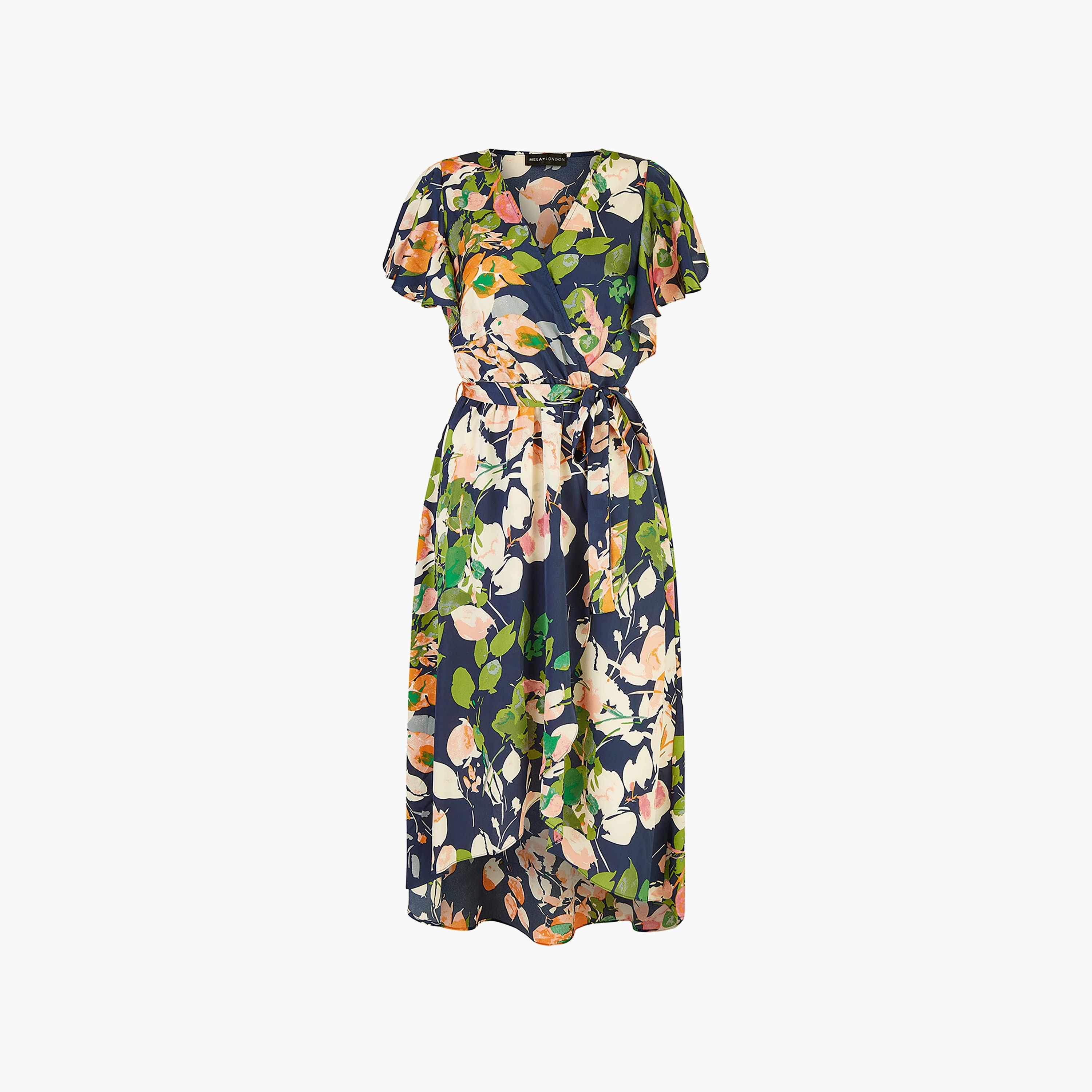 فستان نسائي متوسط الطول باللون الأزرق الداكن مع أكمام مكشكشة من الساتان من ميلا لندن-women-clothing-dresses-image-5