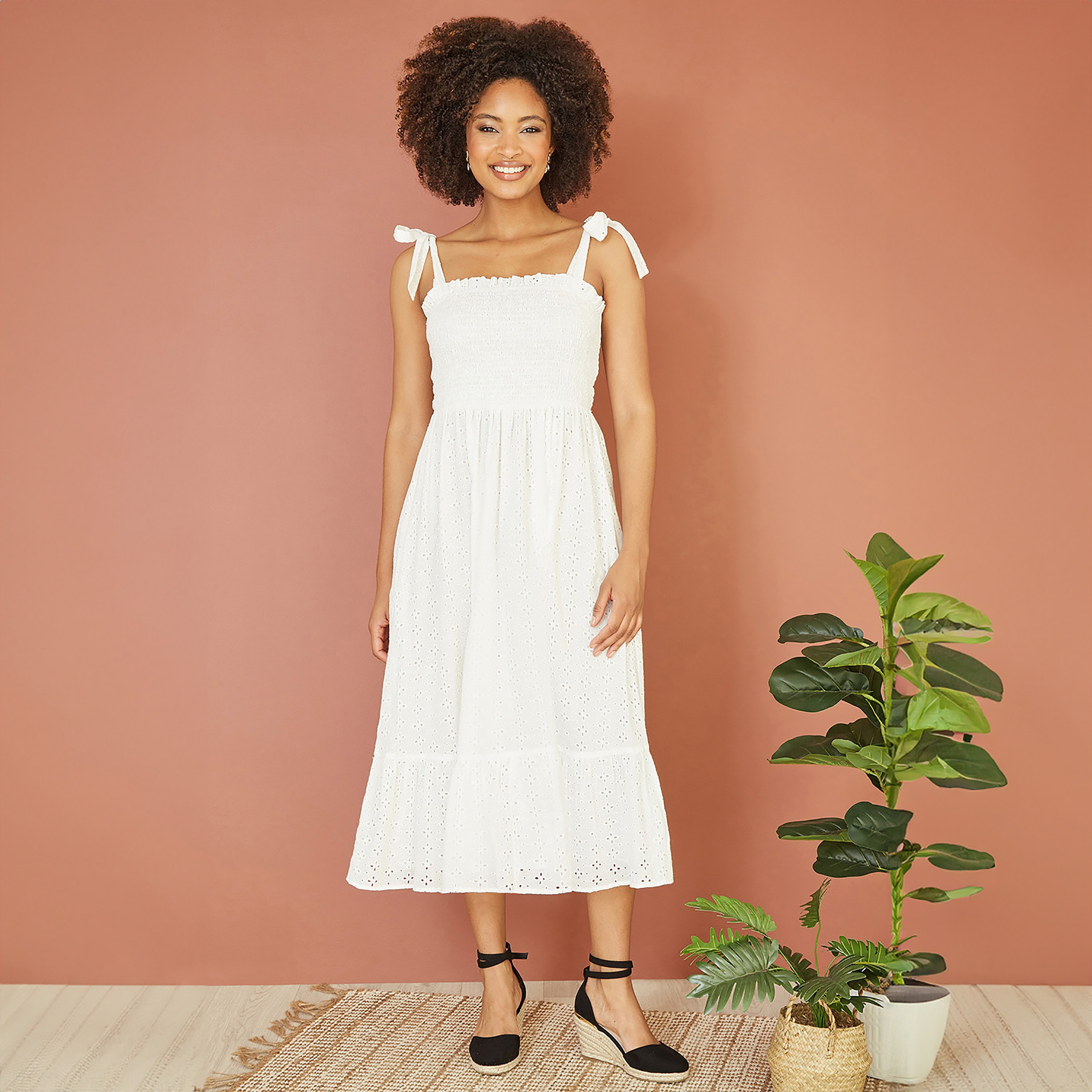 Mela London White Broderie Anglaise Ruched Sun Tiered Women's Midi Dress with Tie Sleeves-women-clothing-dresses-image-1