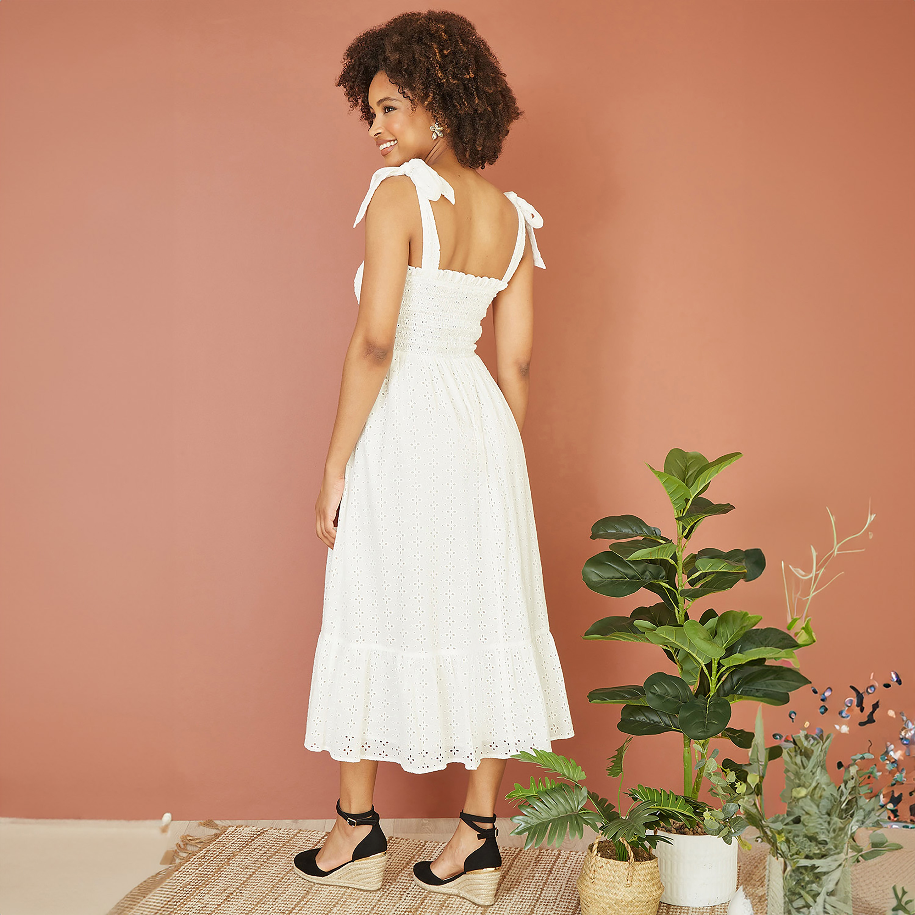 Mela London White Broderie Anglaise Ruched Sun Tiered Women's Midi Dress with Tie Sleeves-women-clothing-dresses-image-2