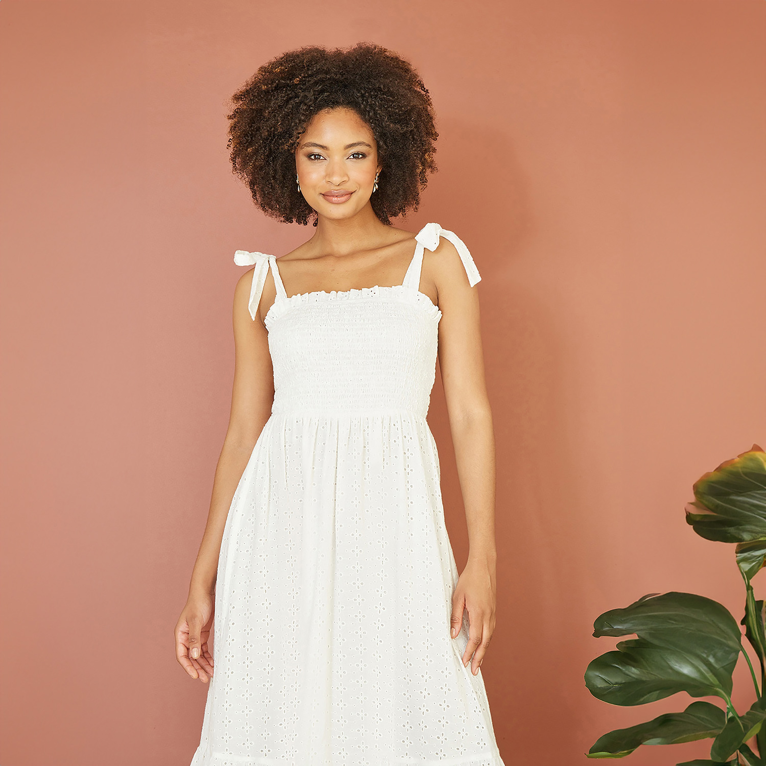 Mela London White Broderie Anglaise Ruched Sun Tiered Women's Midi Dress with Tie Sleeves-women-clothing-dresses-image-4