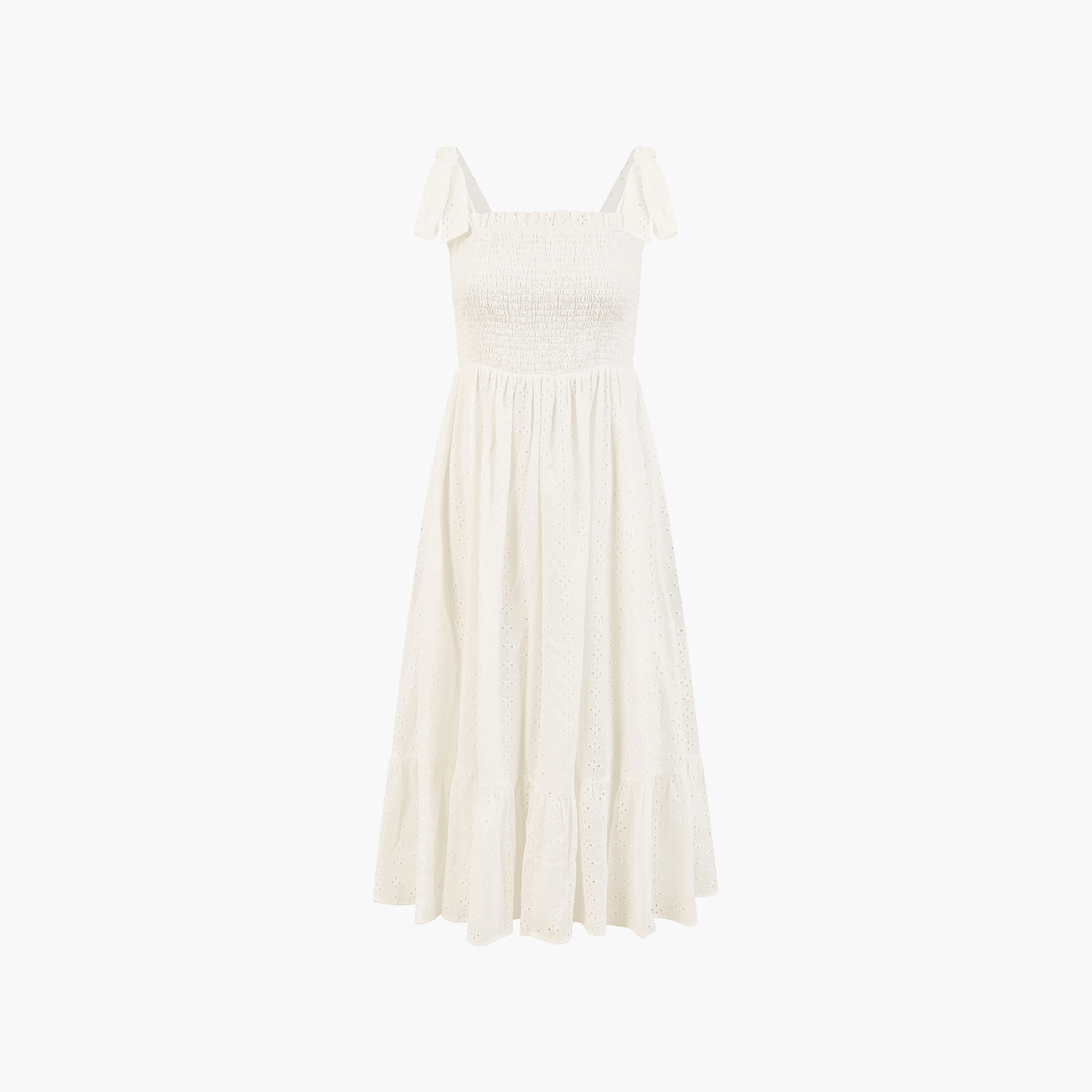 Mela London White Broderie Anglaise Ruched Sun Tiered Women's Midi Dress with Tie Sleeves-women-clothing-dresses-image-5