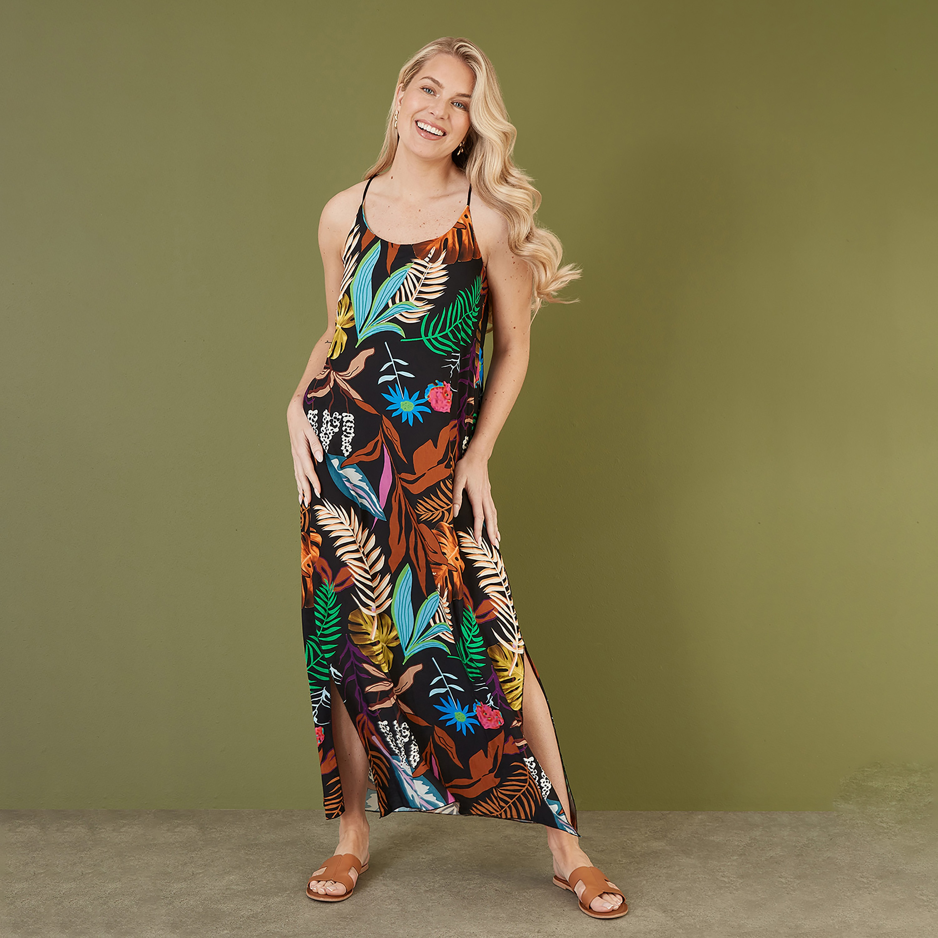 Mela London Black Tropical Print Slit Women's Maxi Dress with Side Split Hem-women-clothing-dresses-image-1