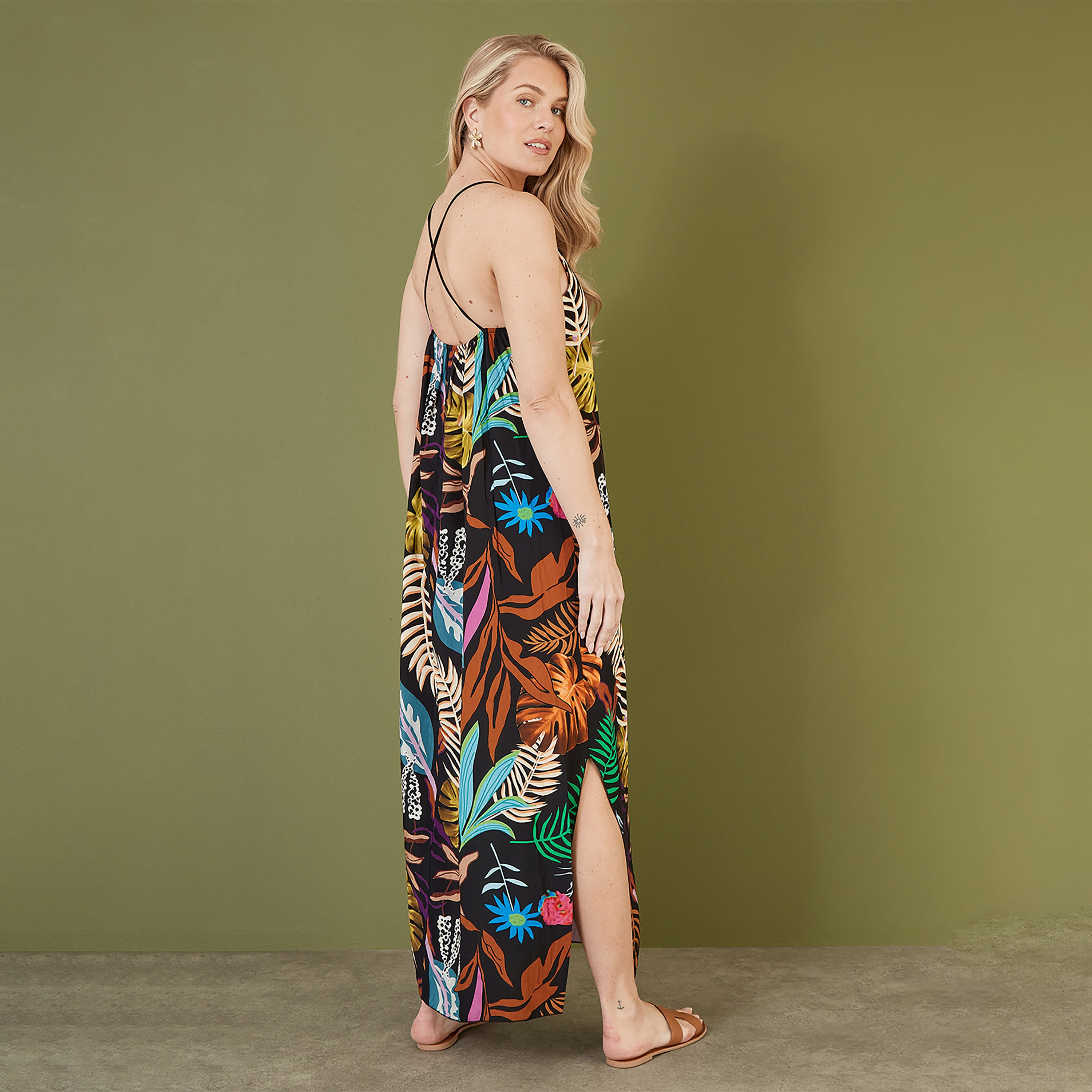 Mela London Black Tropical Print Slit Women's Maxi Dress with Side Split Hem-women-clothing-dresses-image-2