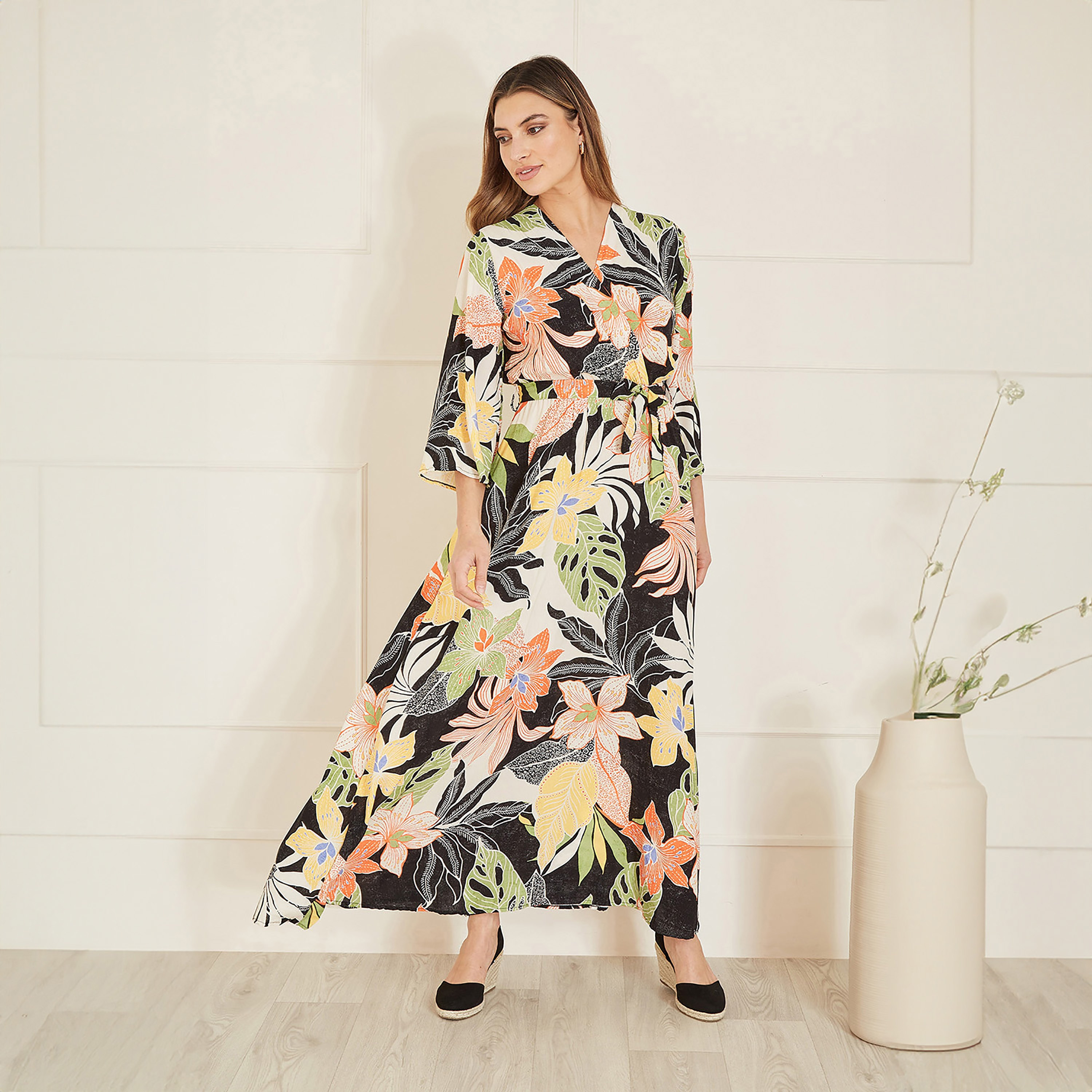 Mela London Black Tropical Print Wrap Women's Maxi Dress-women-clothing-dresses-image-1