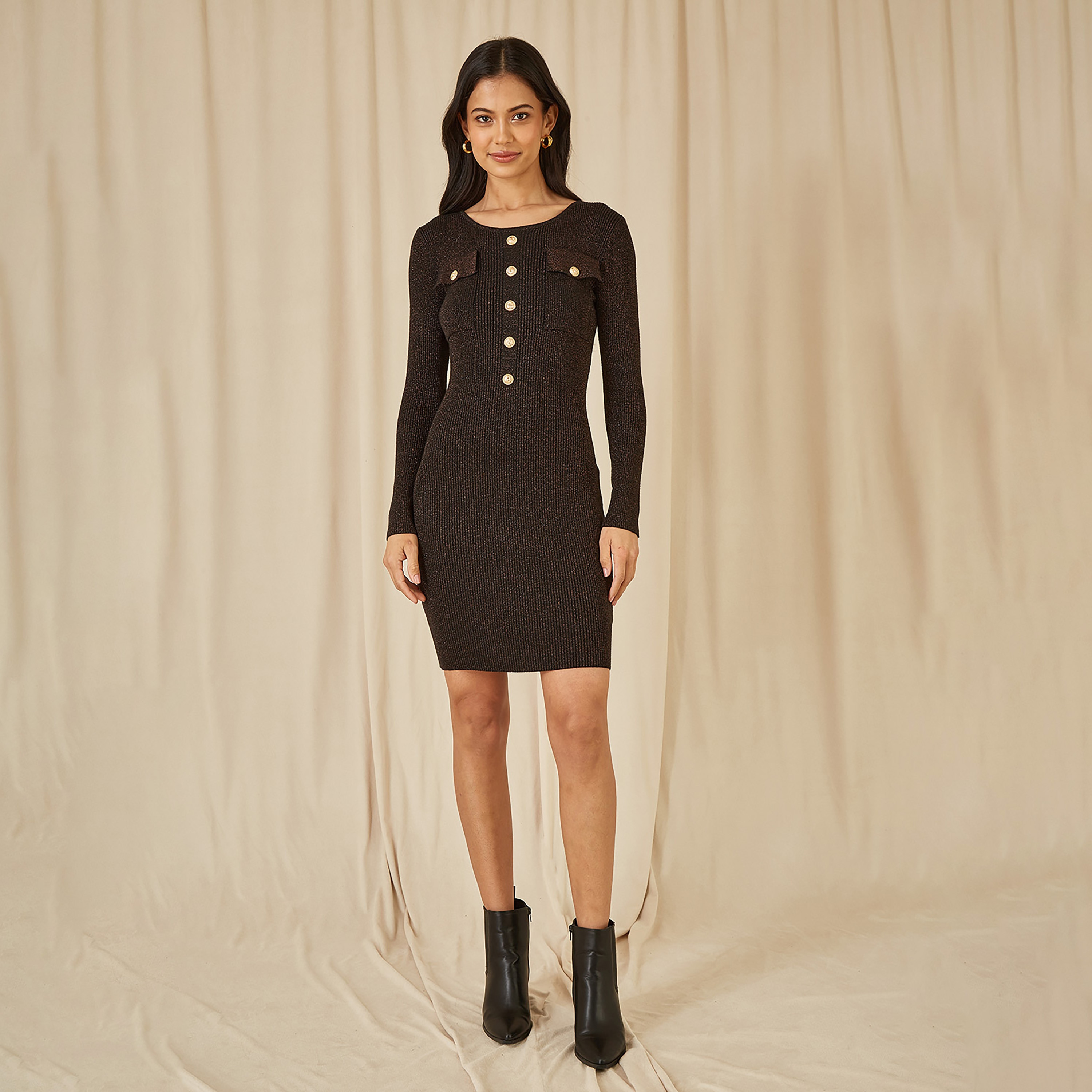 فستان قصير محبوك بقصّة عسكرية باللون الأسود المعدني للنساء من يامي-women-clothing-dresses-image-1