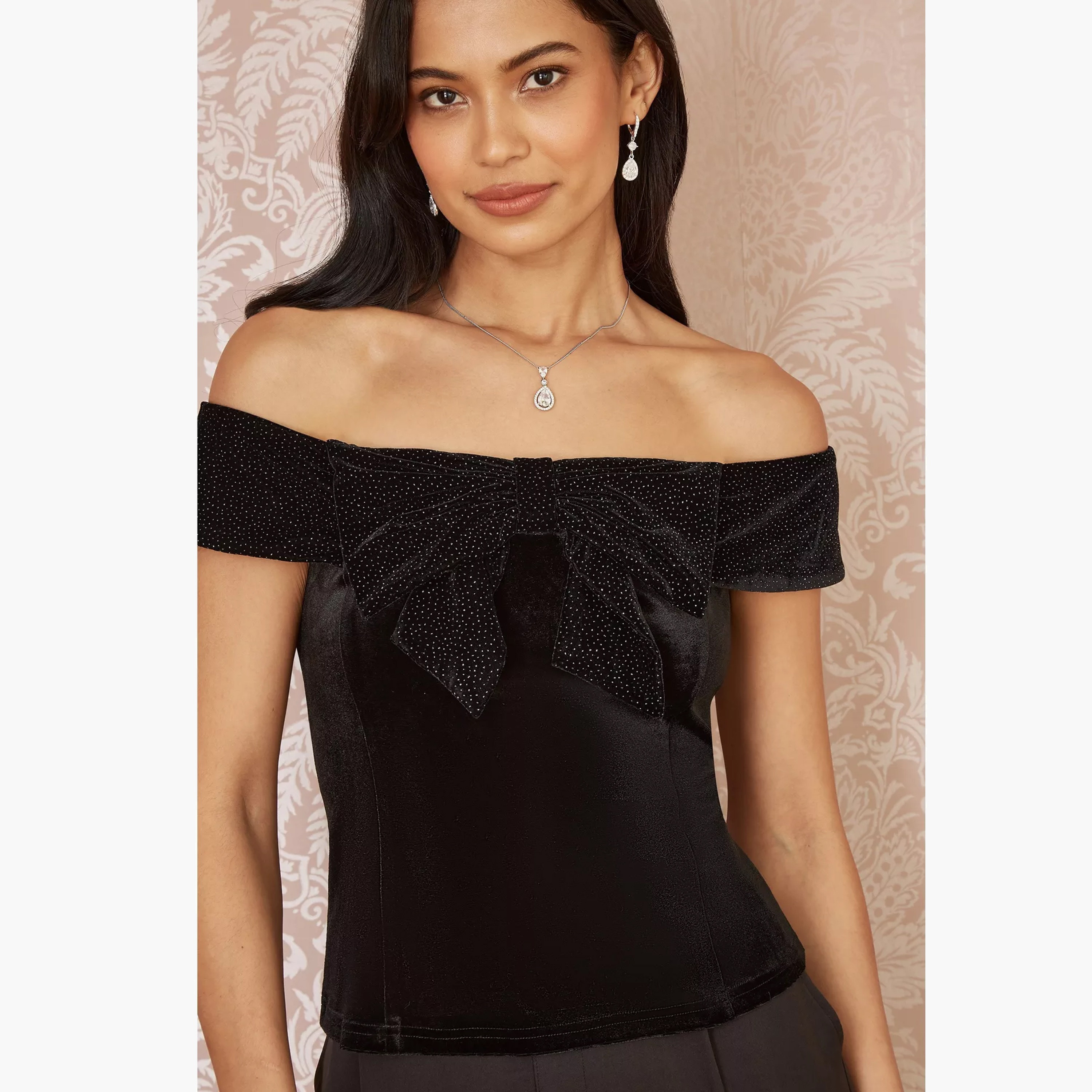 Mela London Black Velvet Sparkle Fitted Bow Evening Women's Top-women-clothing-shirtsandblouses-blouses-image-1