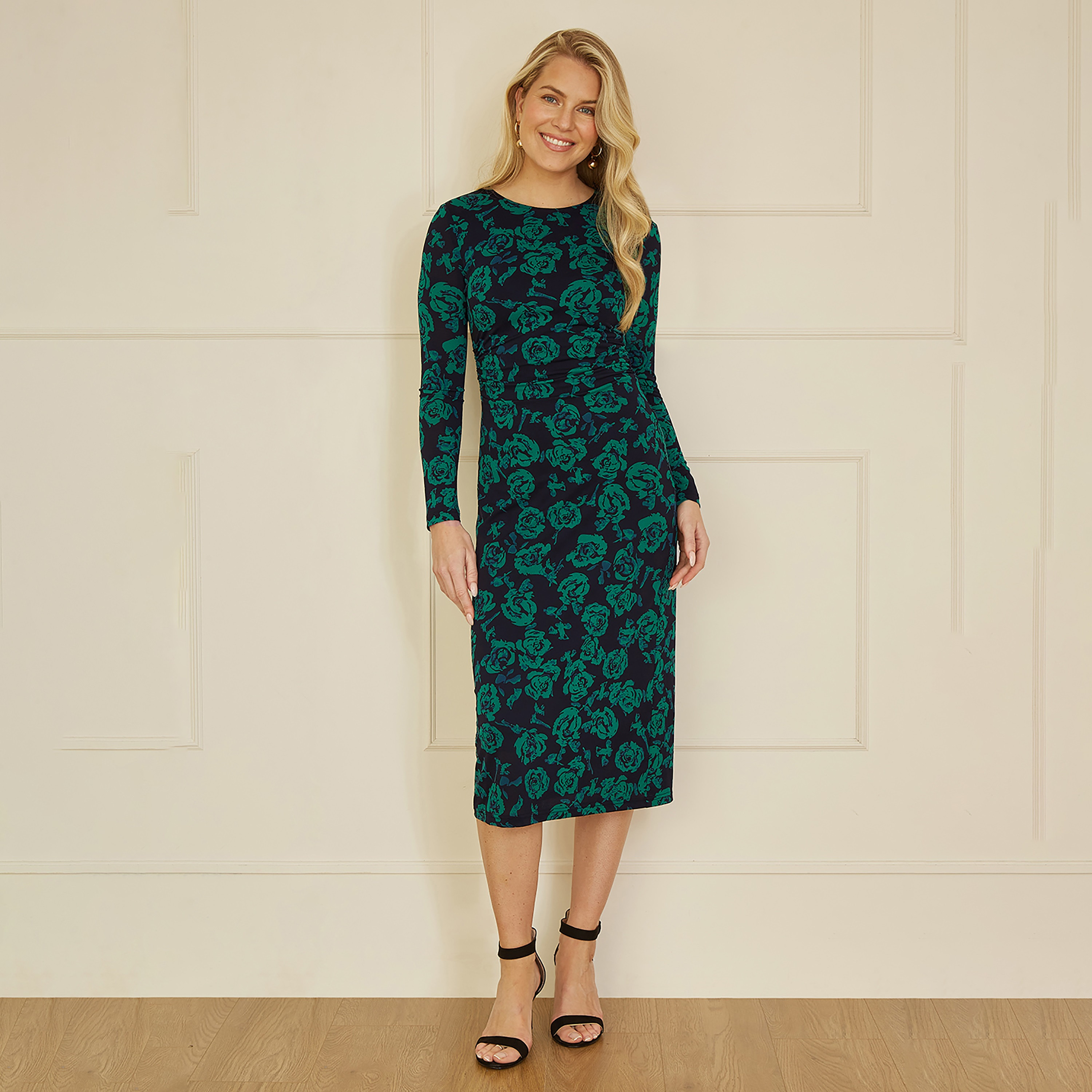 Yumi Green Floral Fitted Mesh Evening Women's Midi Dress with Long Sleeves-women-clothing-dresses-image-1