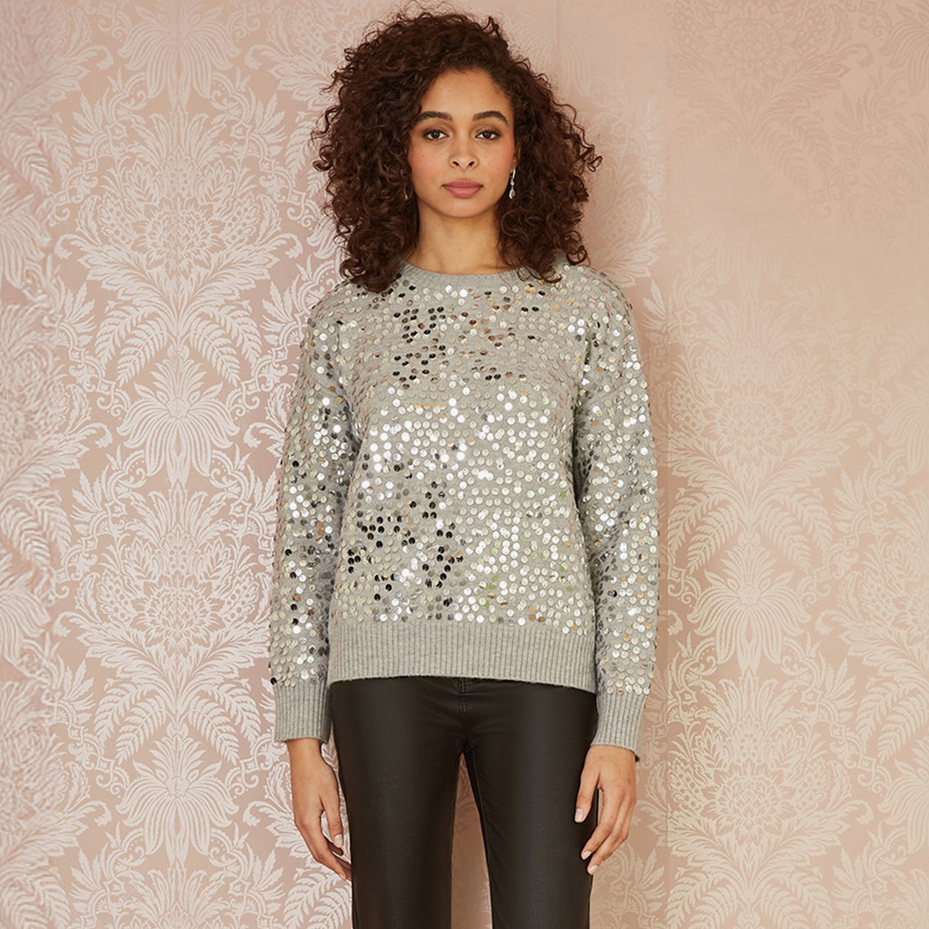 Mela London Grey Sequin Knitted Relaxed Evening Women's Jumper-women-winterwear-cardigansandjumpers-jumpers-image-1