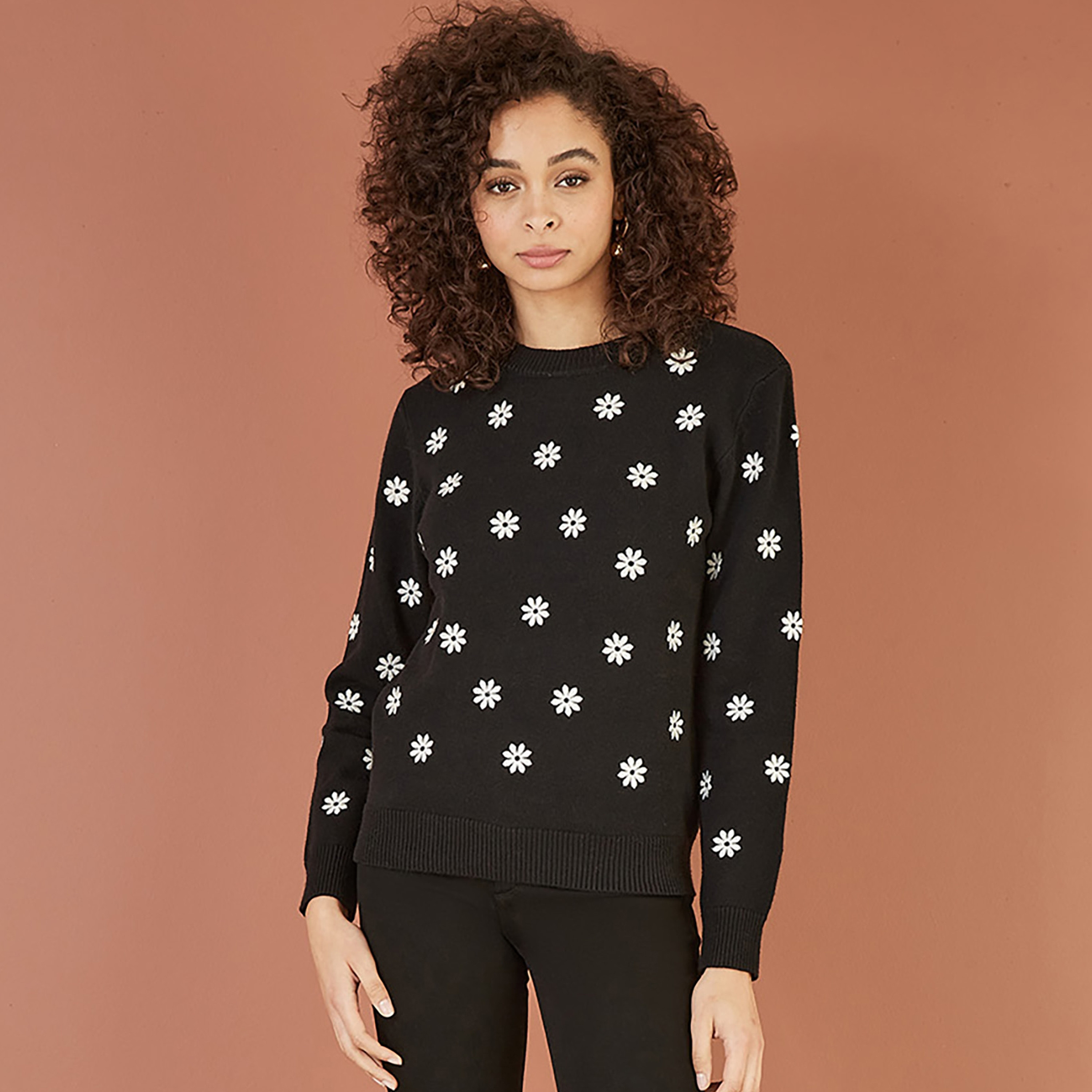 Yumi Black All Over Embroidered Daisy Knitted Women's Jumper-women-winterwear-cardigansandjumpers-jumpers-image-1