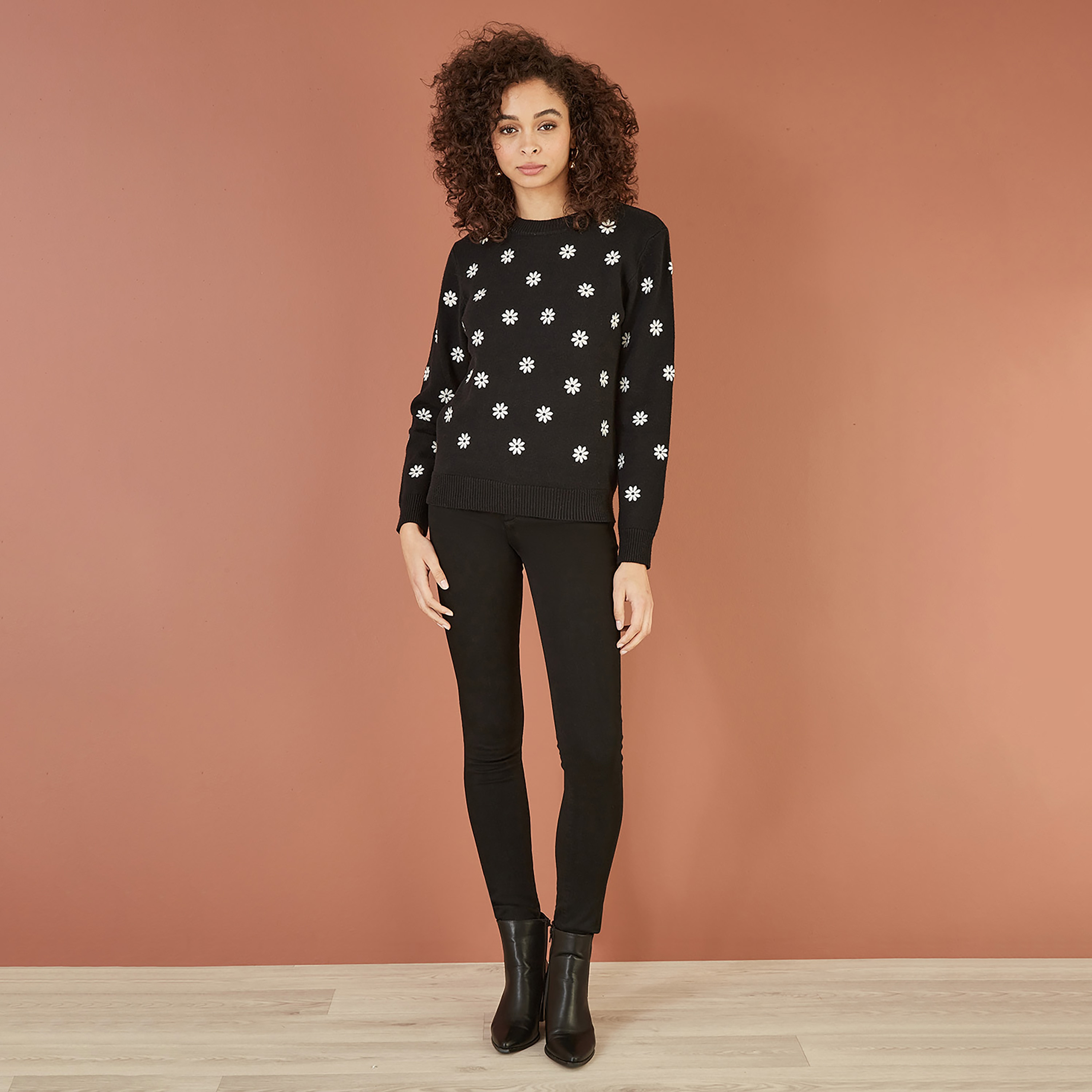 Yumi Black All Over Embroidered Daisy Knitted Women's Jumper-women-winterwear-cardigansandjumpers-jumpers-image-2