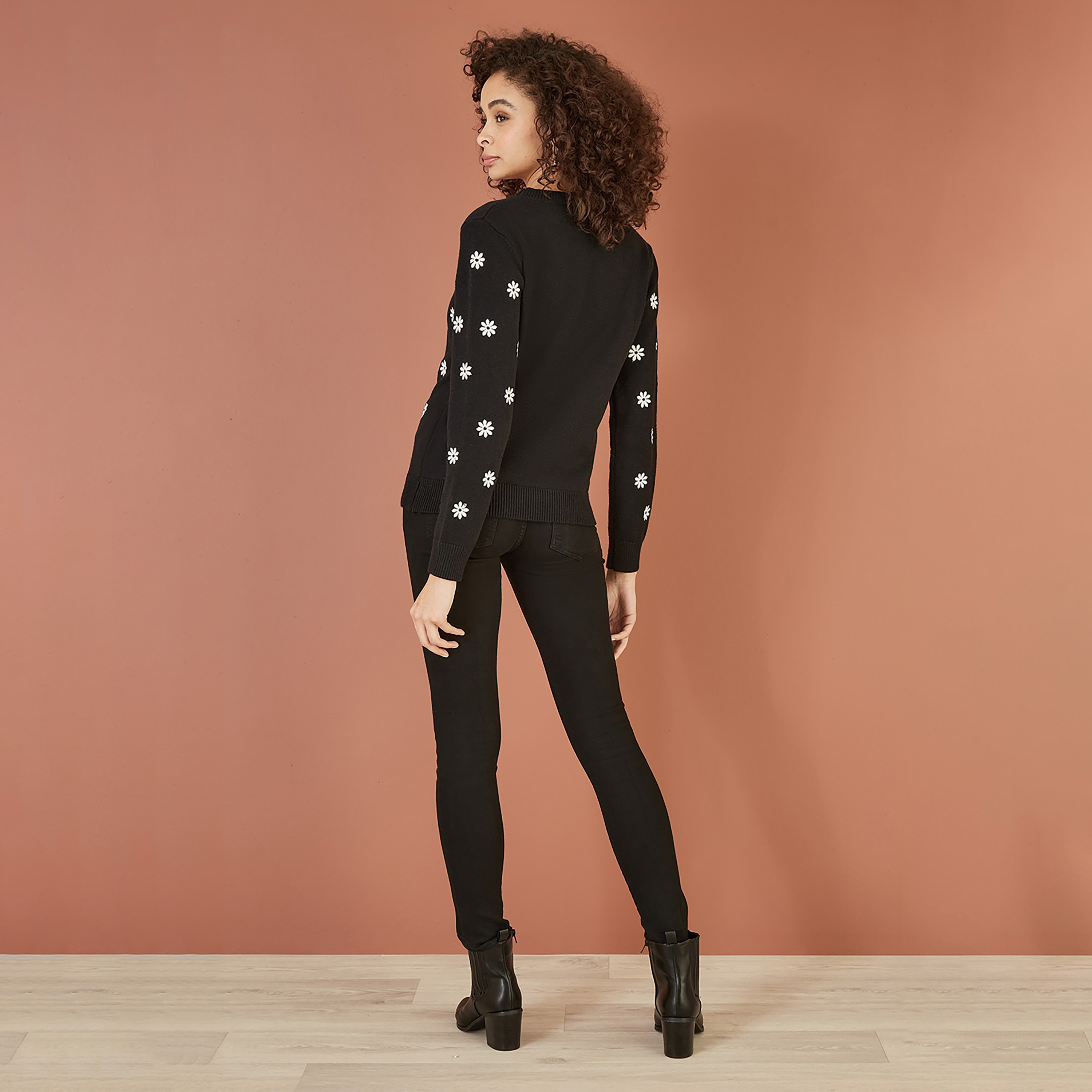 Yumi Black All Over Embroidered Daisy Knitted Women's Jumper-women-winterwear-cardigansandjumpers-jumpers-image-3