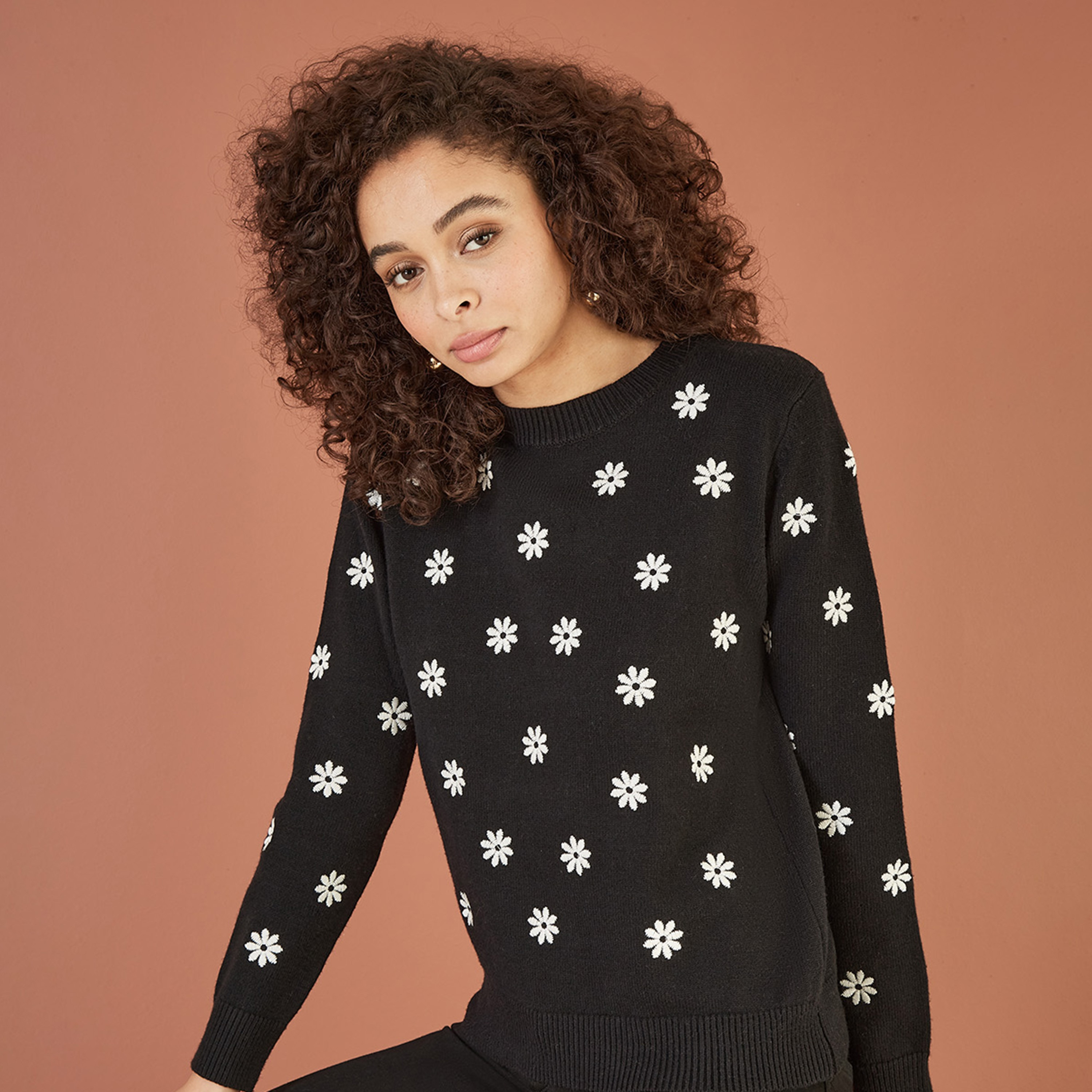 Yumi Black All Over Embroidered Daisy Knitted Women's Jumper-women-winterwear-cardigansandjumpers-jumpers-image-4