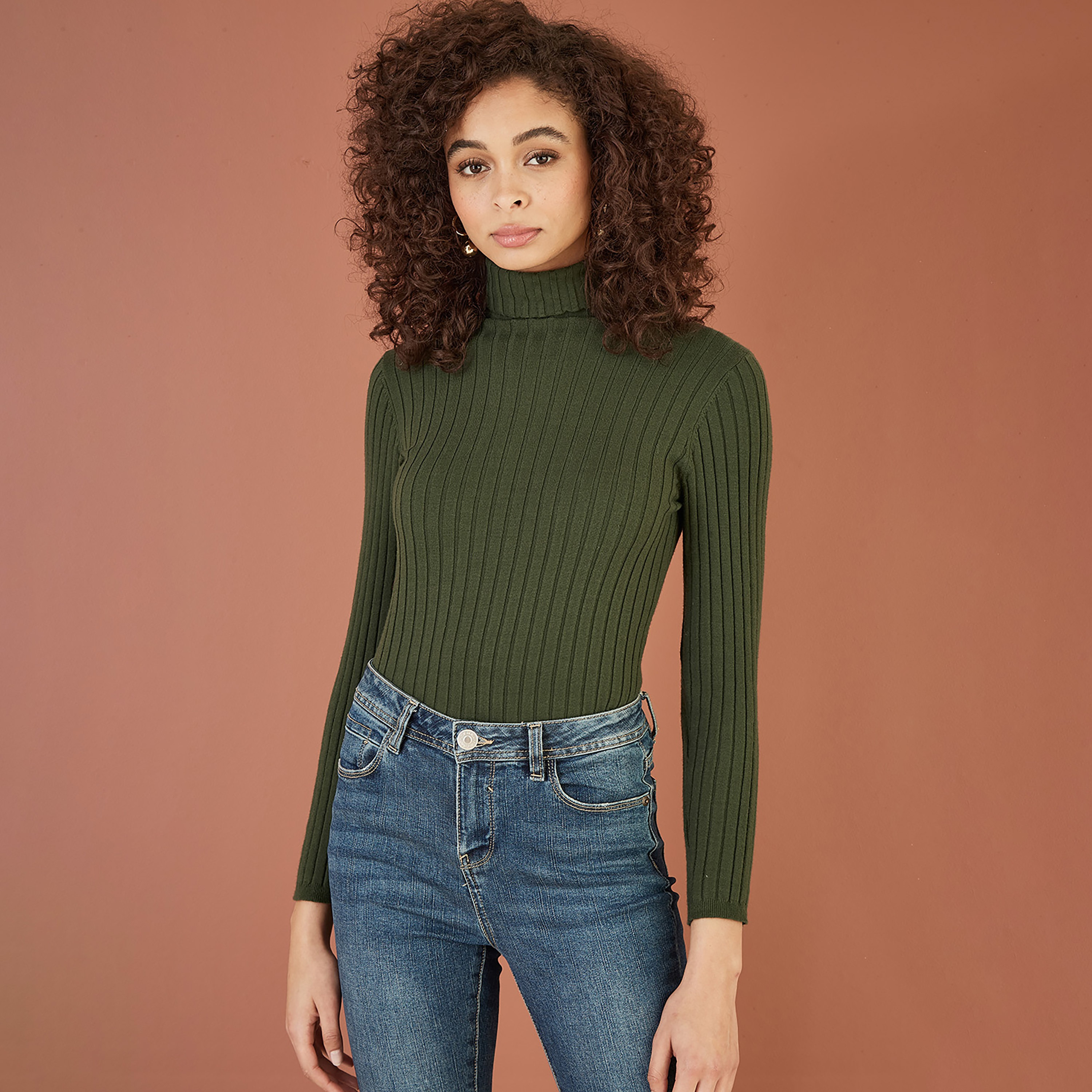 Mela London Green Ribbed Knit Roll Neck Women's Jumper-women-winterwear-cardigansandjumpers-jumpers-image-1