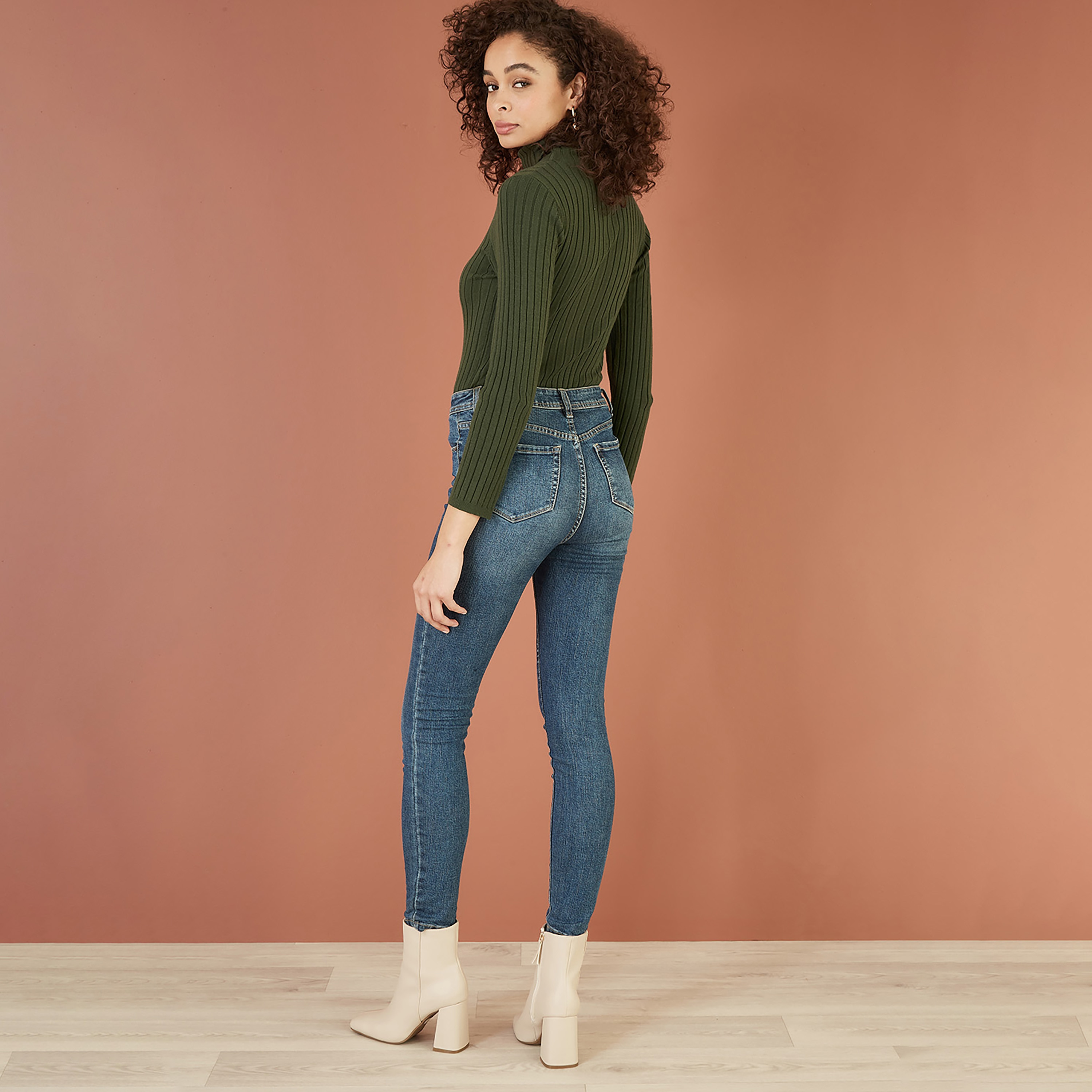 Mela London Green Ribbed Knit Roll Neck Women's Jumper-women-winterwear-cardigansandjumpers-jumpers-image-2