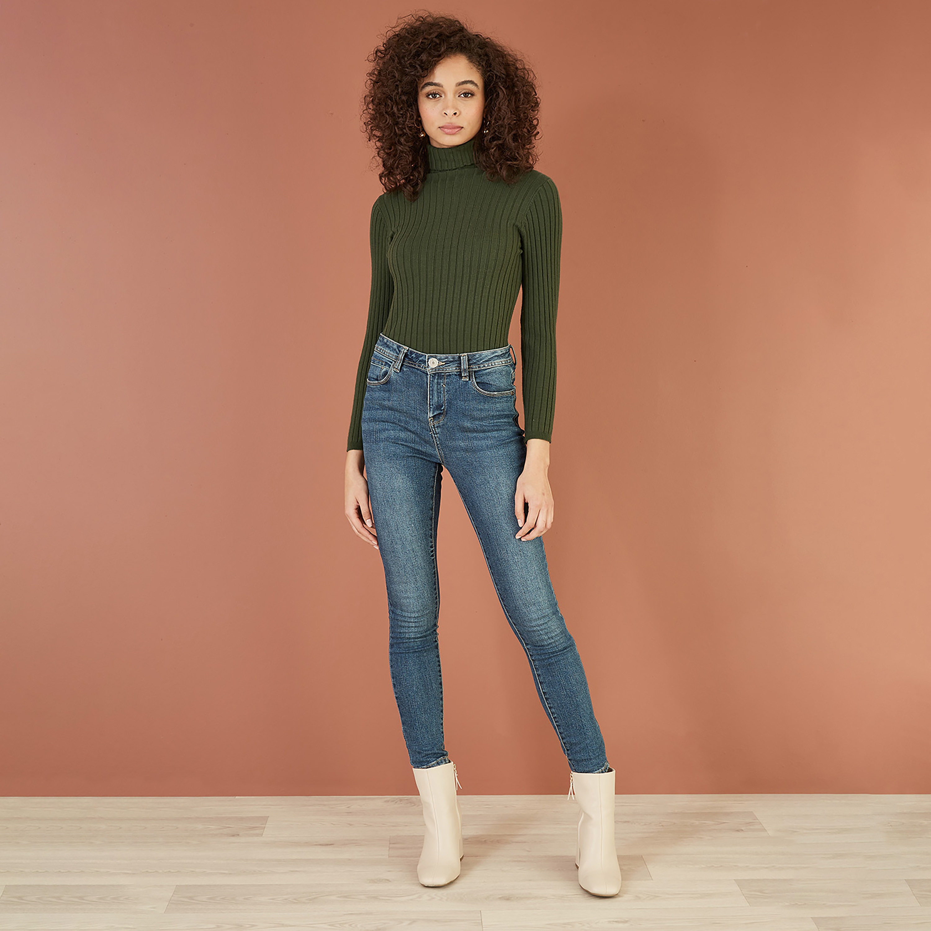 Mela London Green Ribbed Knit Roll Neck Women's Jumper-women-winterwear-cardigansandjumpers-jumpers-image-3