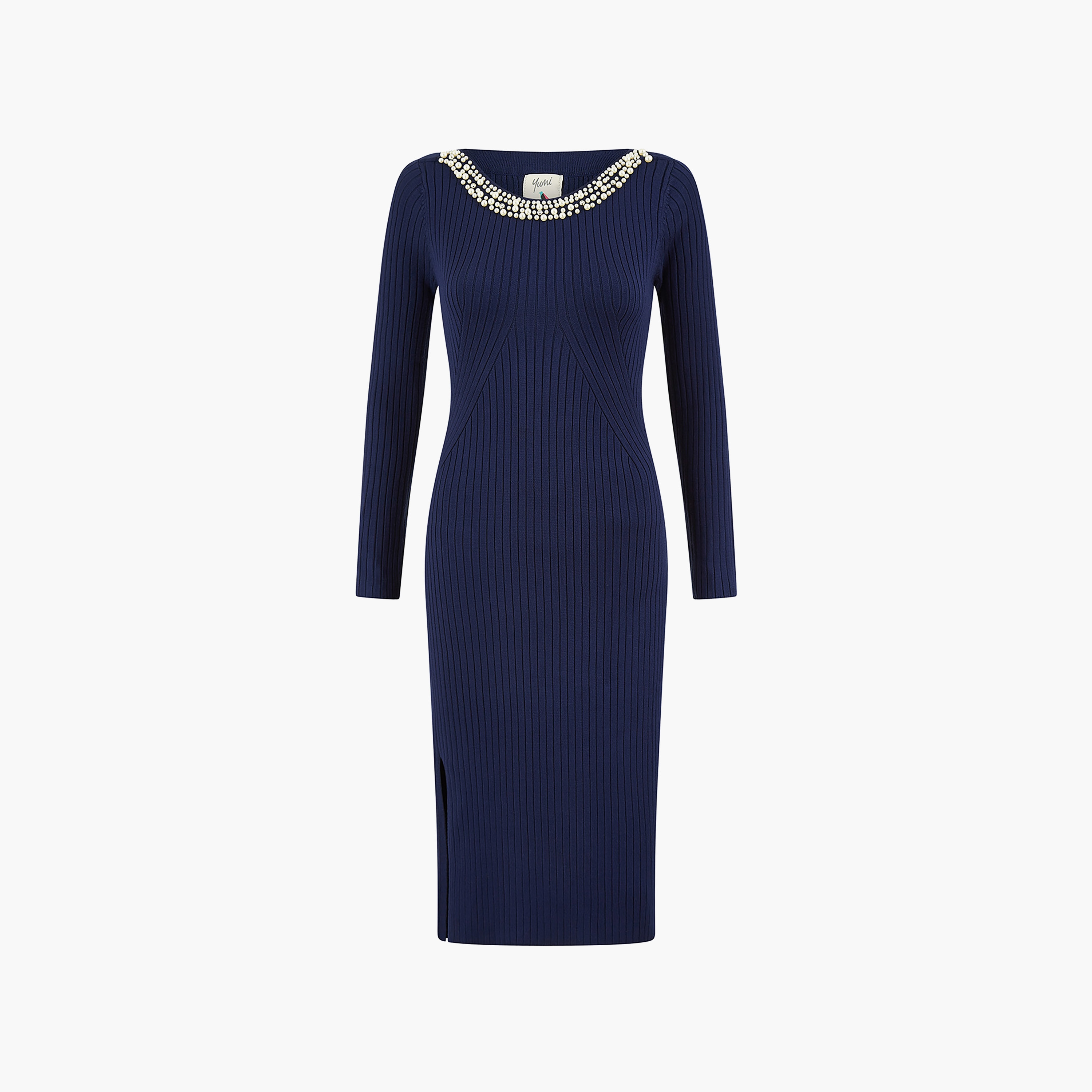Yumi Navy Pearl Neckline Fitted Knitted Women's Midi Dress-women-clothing-dresses-image-6
