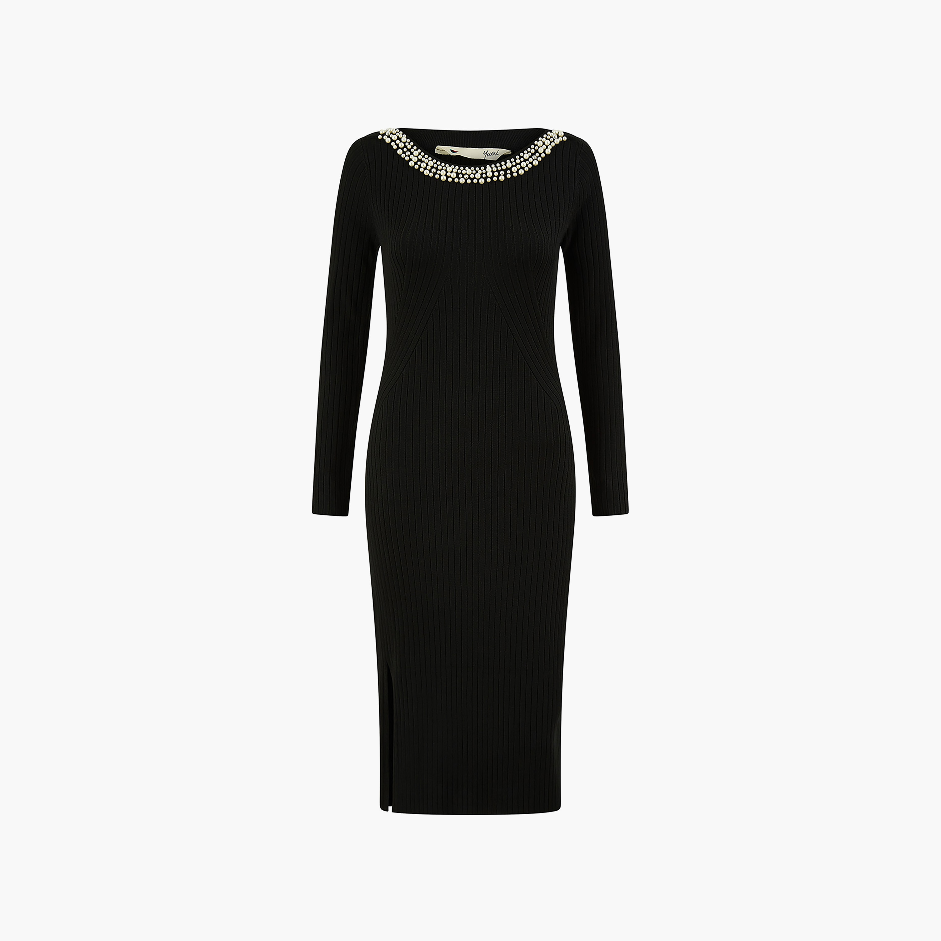 Yumi Pearl Neck Knit Fitted Women's Knee Length Dress-women-clothing-dresses-image-5