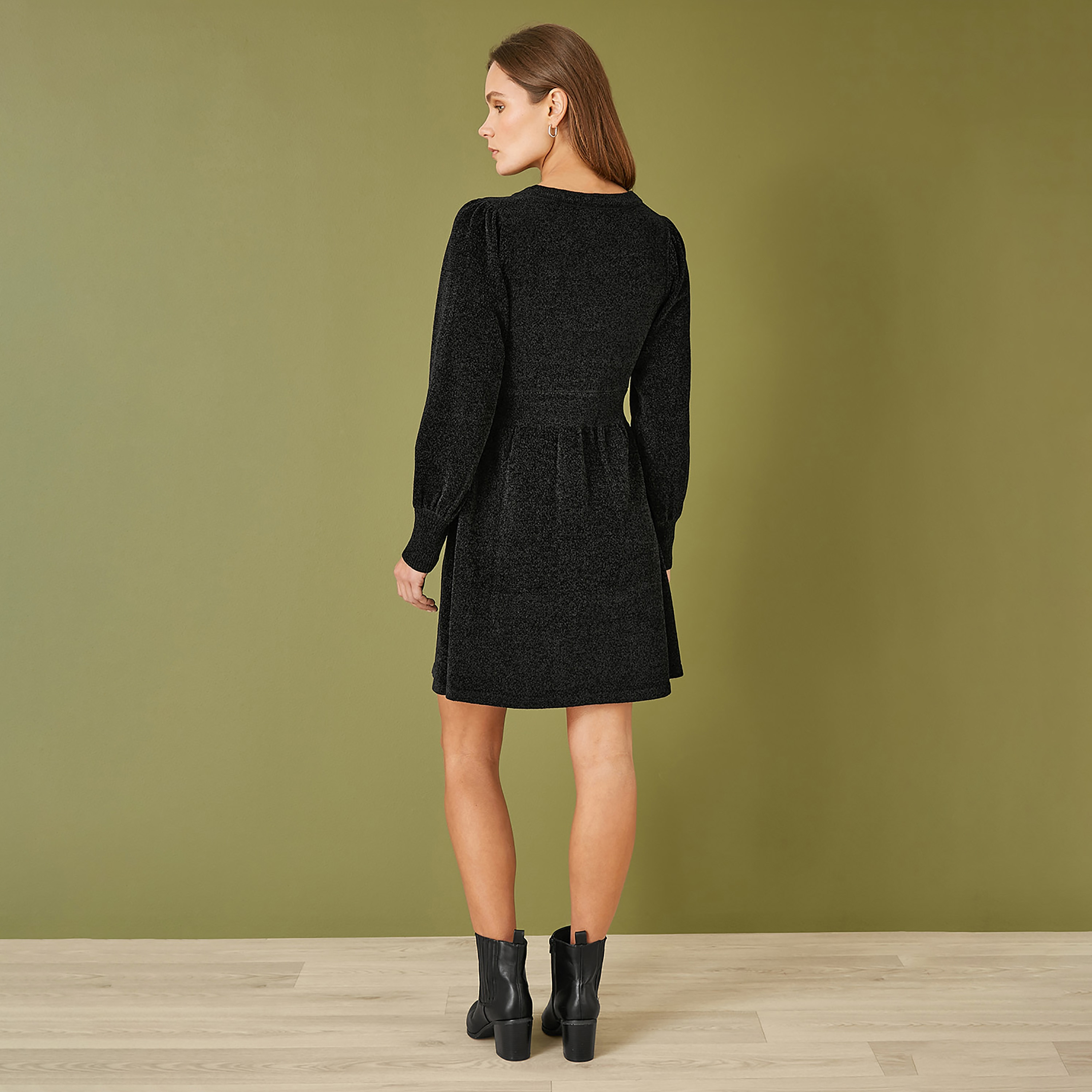 Yumi Black V-Neck Empire Line Knitted Women's Mini Dress-women-clothing-dresses-image-2