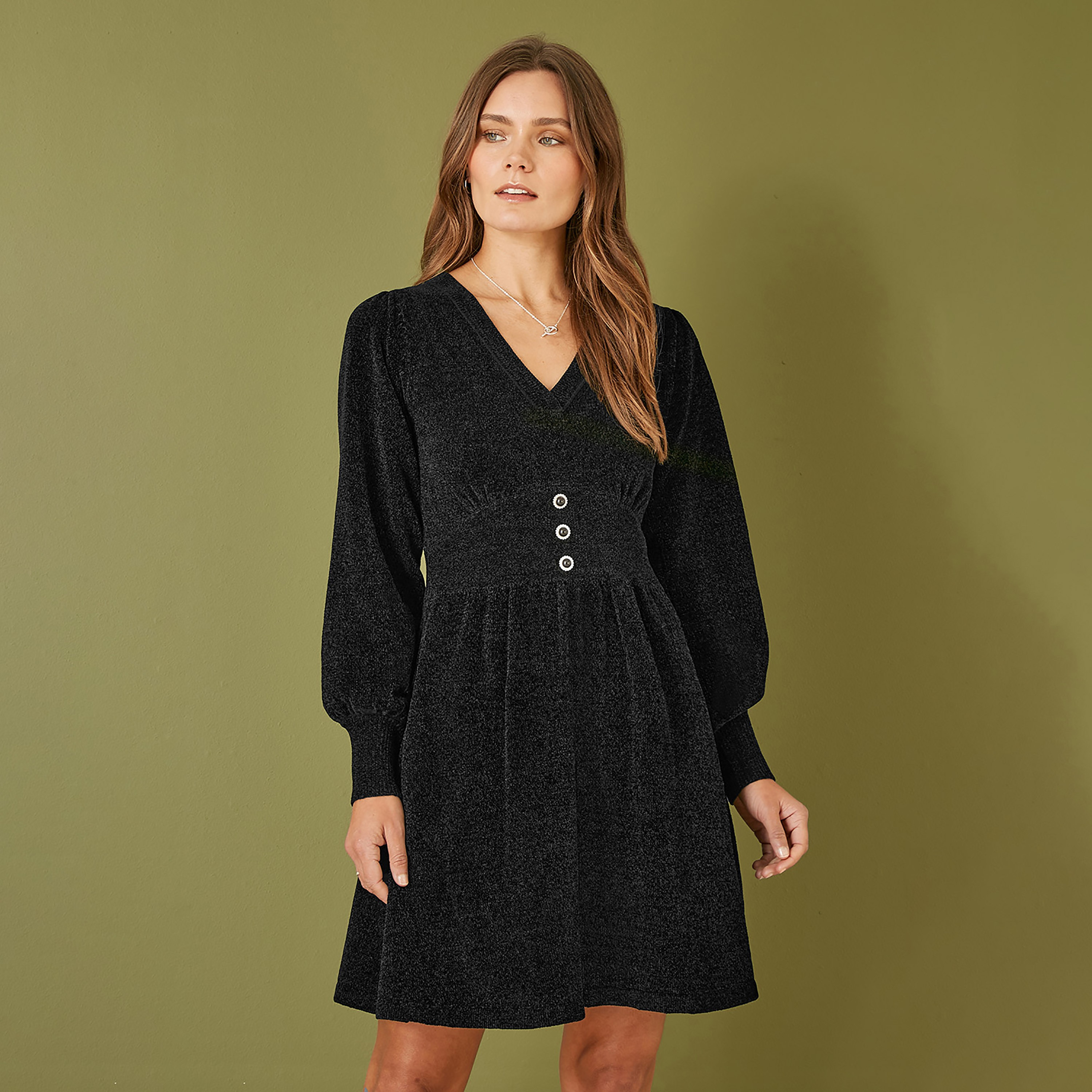 Yumi Black V-Neck Empire Line Knitted Women's Mini Dress-women-clothing-dresses-image-3