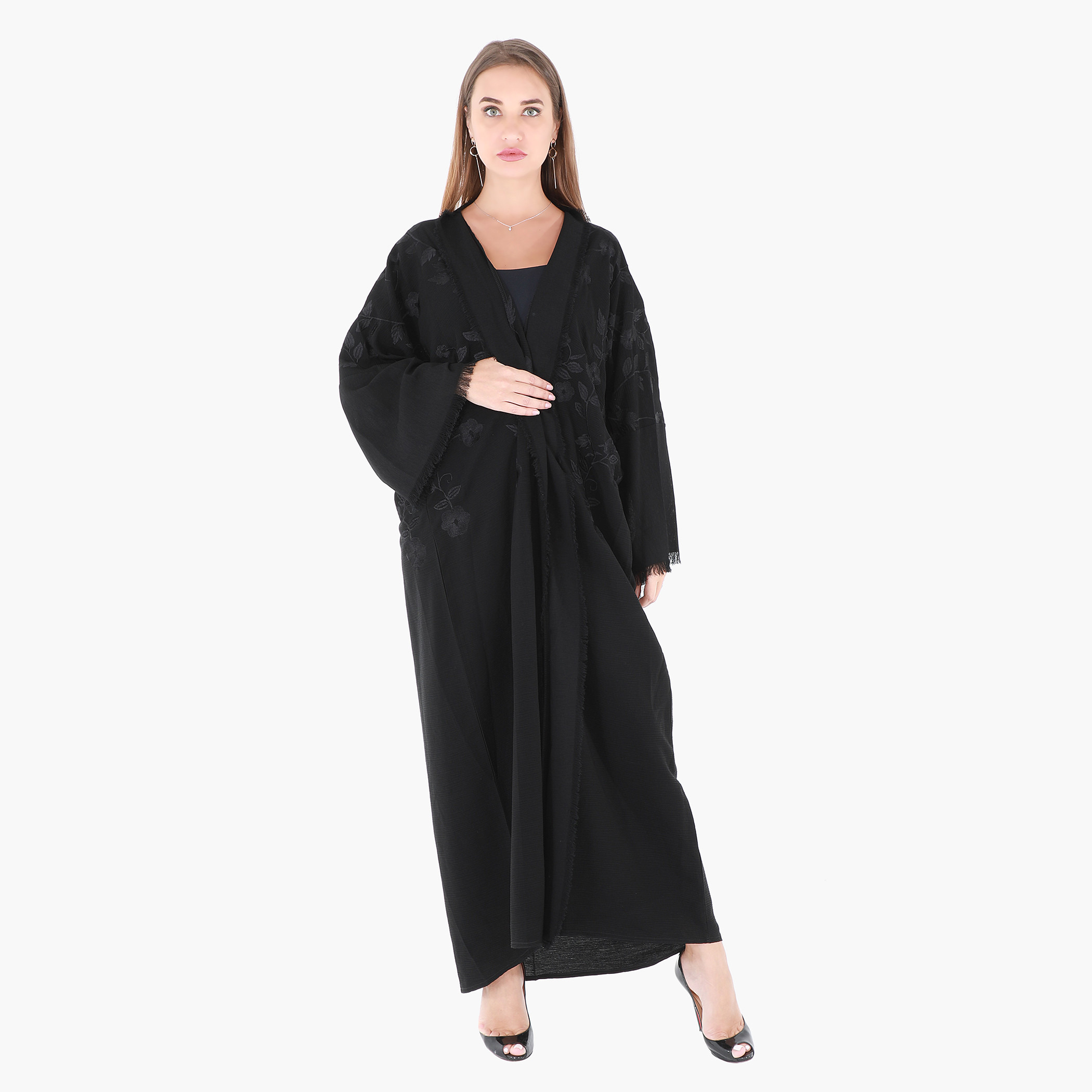 Malikah Embroidered Abaya with Frayed Hem Long Sleeves-women-arabicclothing-abayas-image-1