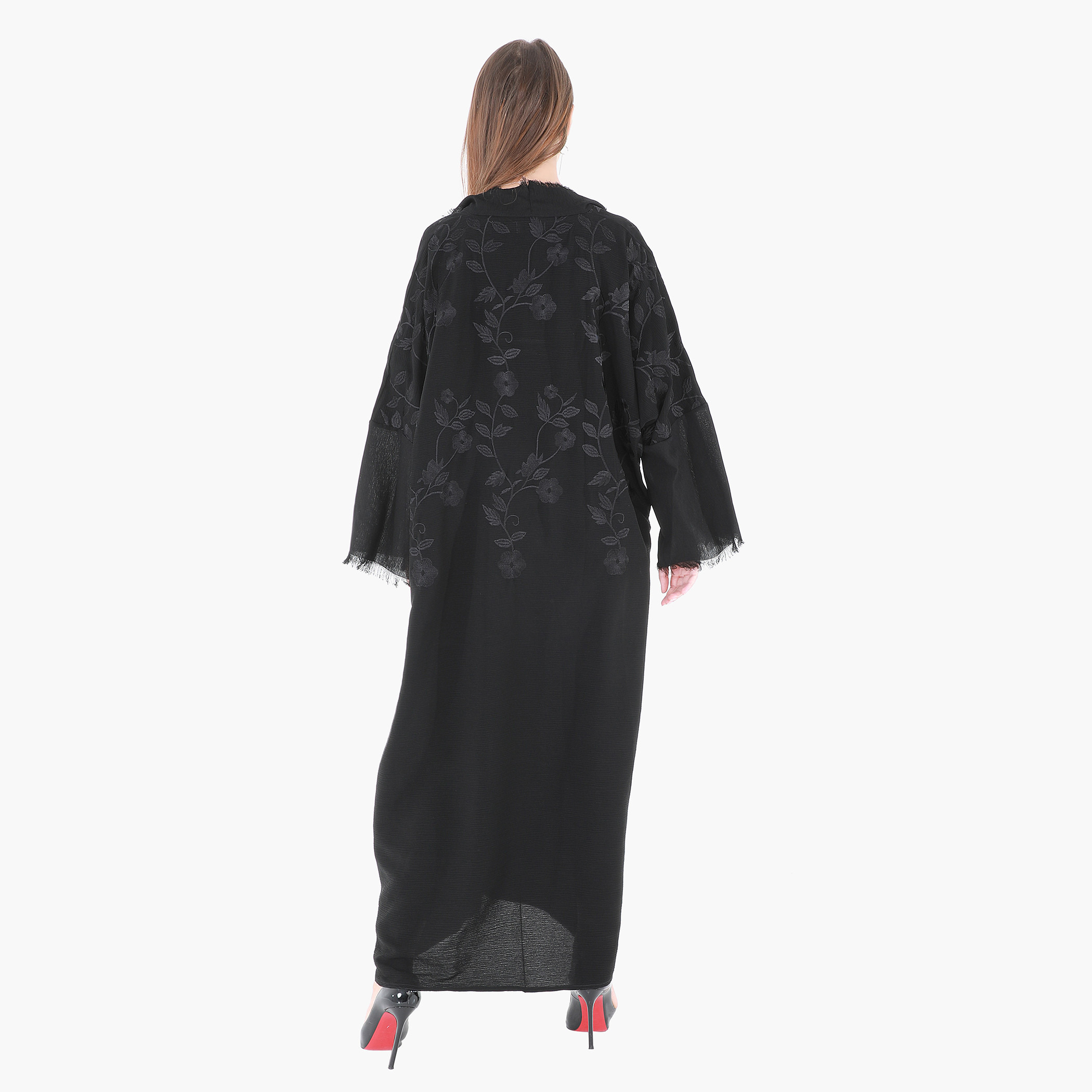 Malikah Embroidered Abaya with Frayed Hem Long Sleeves-women-arabicclothing-abayas-image-2