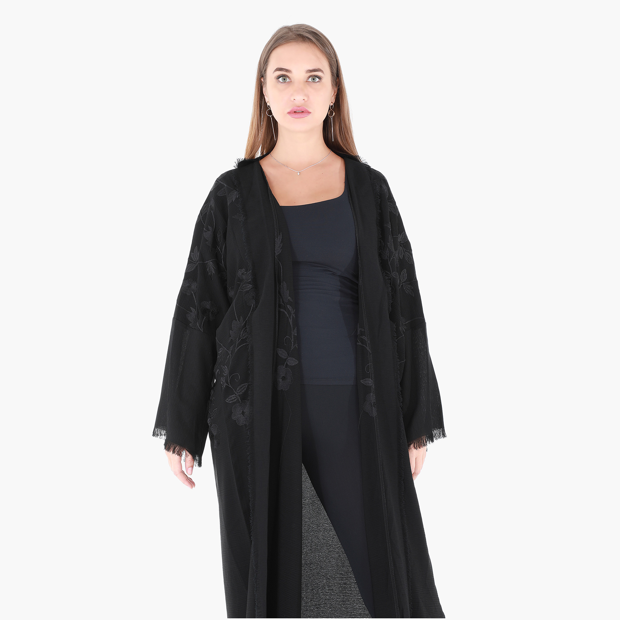 Malikah Embroidered Abaya with Frayed Hem Long Sleeves-women-arabicclothing-abayas-image-3