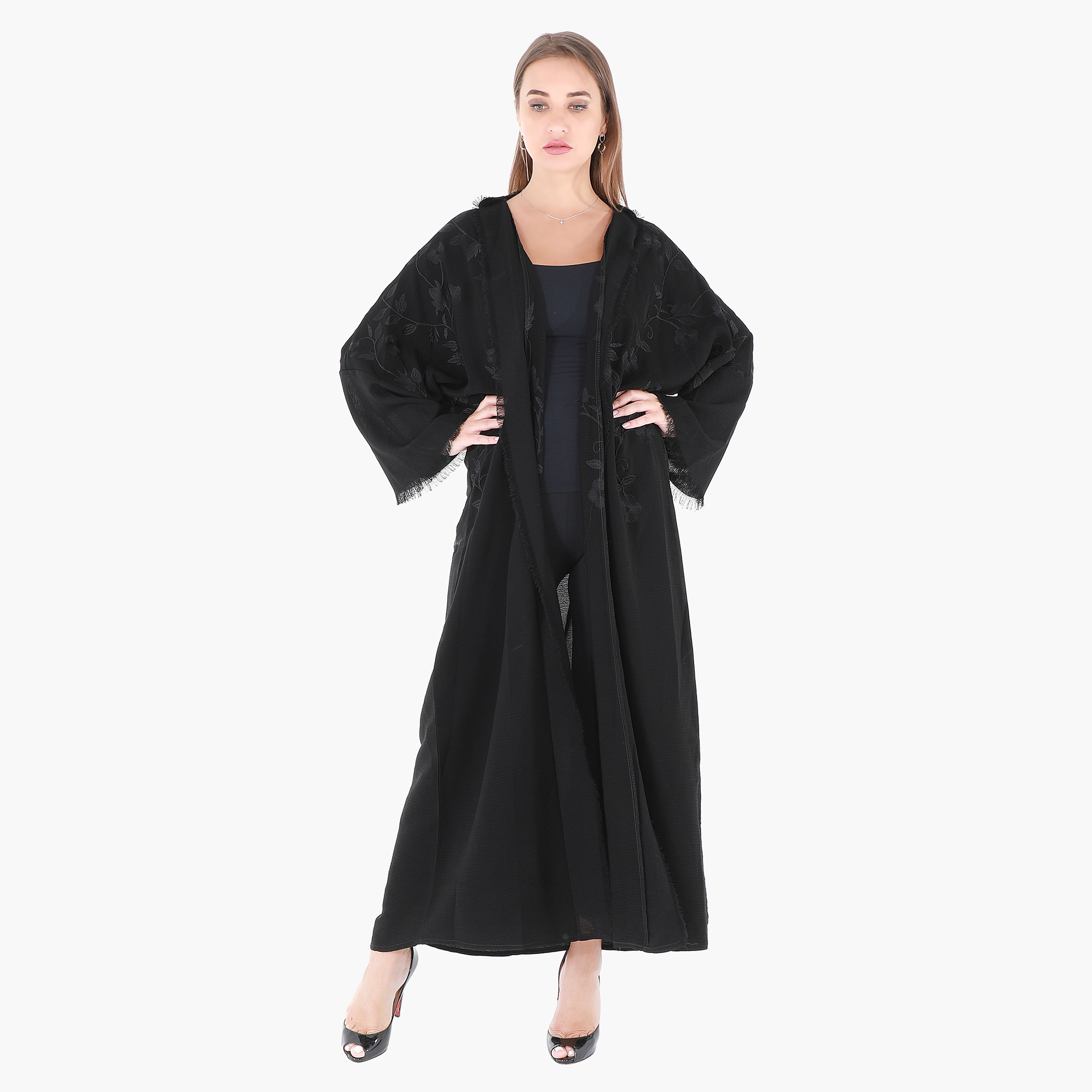 Malikah Embroidered Abaya with Frayed Hem Long Sleeves-women-arabicclothing-abayas-image-4