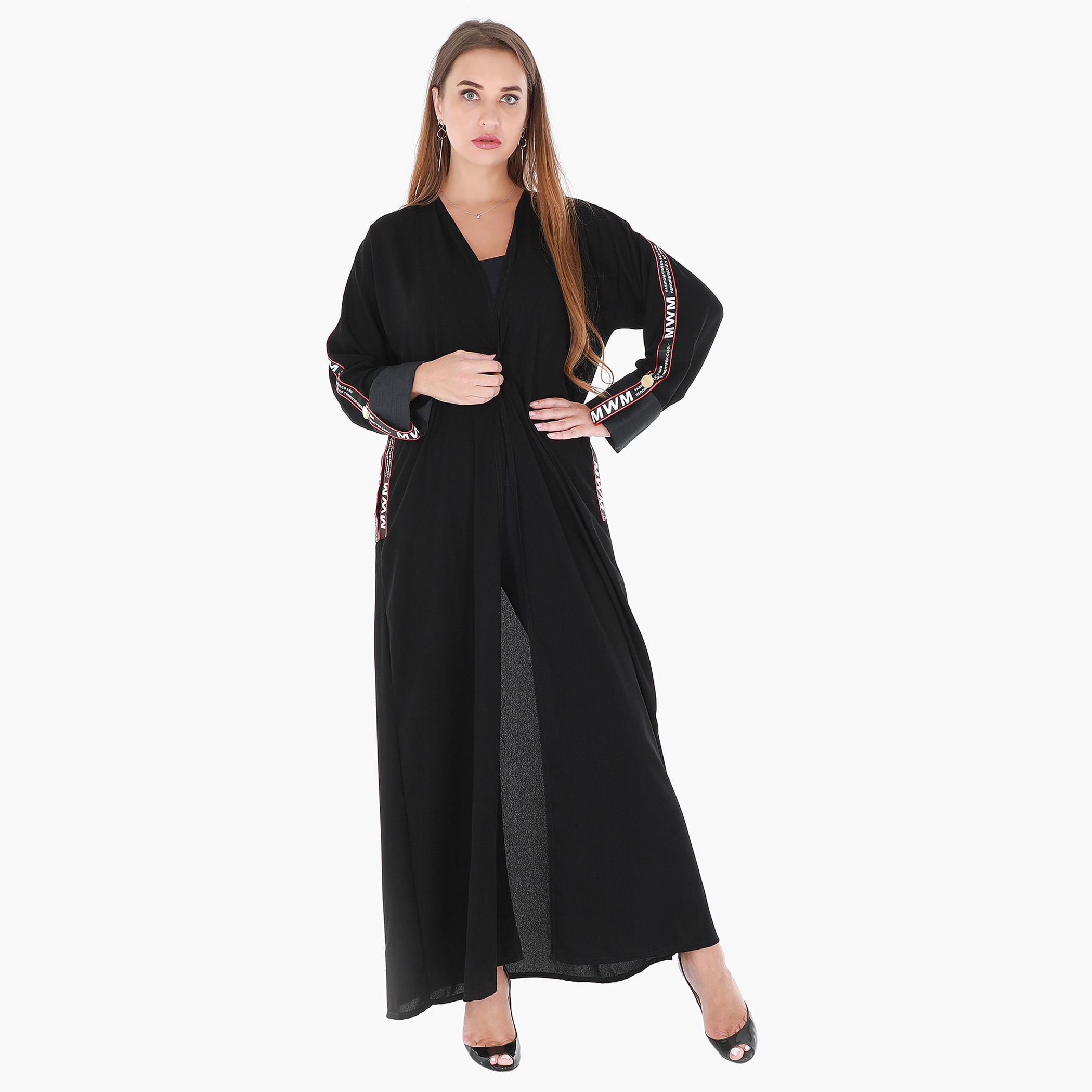 عباية بفتحة أماميّة وطبعات وشريط من مليكة-women-arabicclothing-abayas-image-1