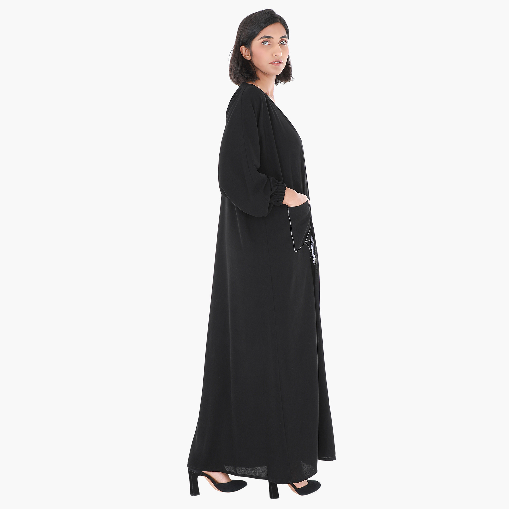 Malikah Solid Open Front Abaya with Pocket and Tape Detail-women-arabicclothing-abayas-image-4
