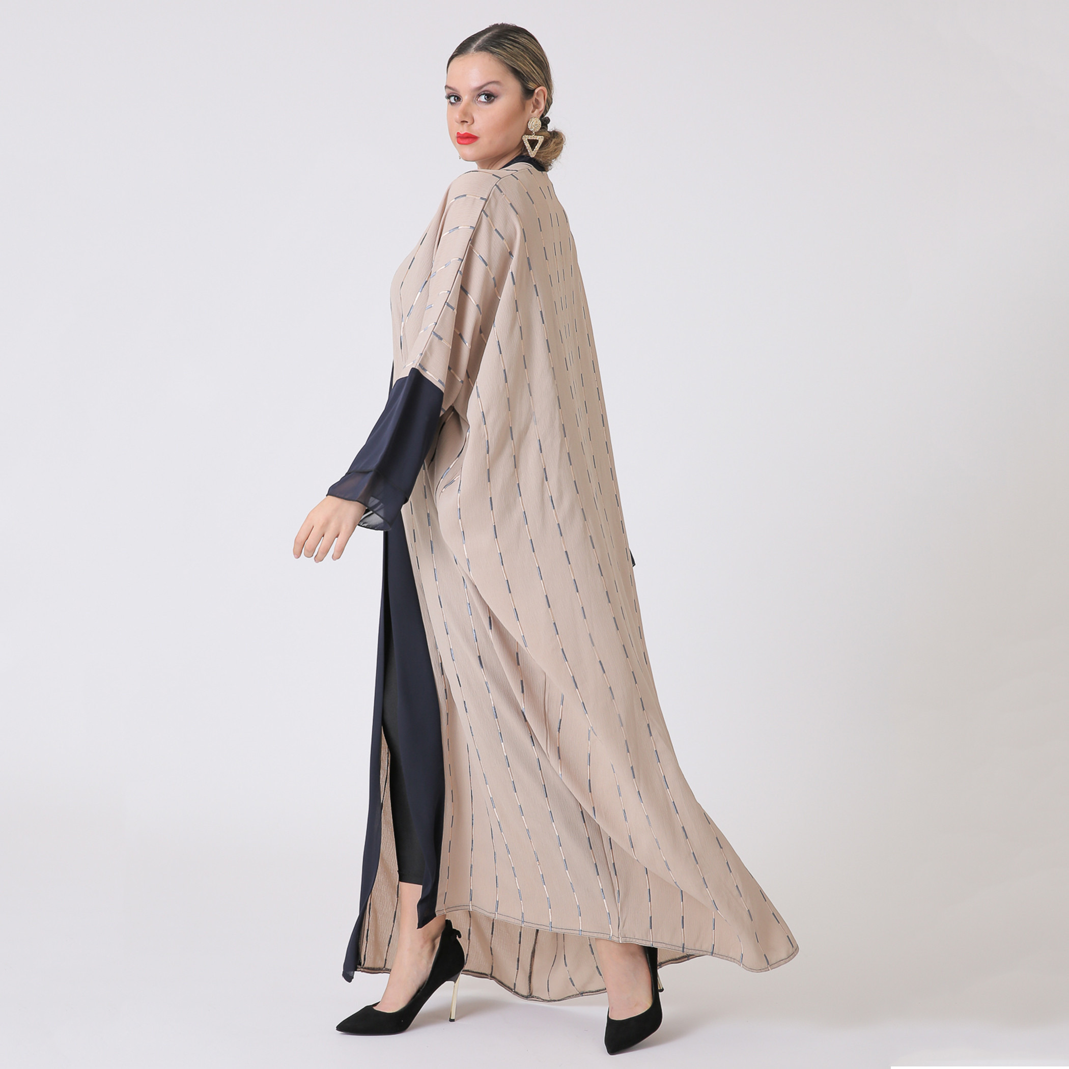 Malikah Polyester Striped Women Beige Abaya-women-arabicclothing-abayas-image-2