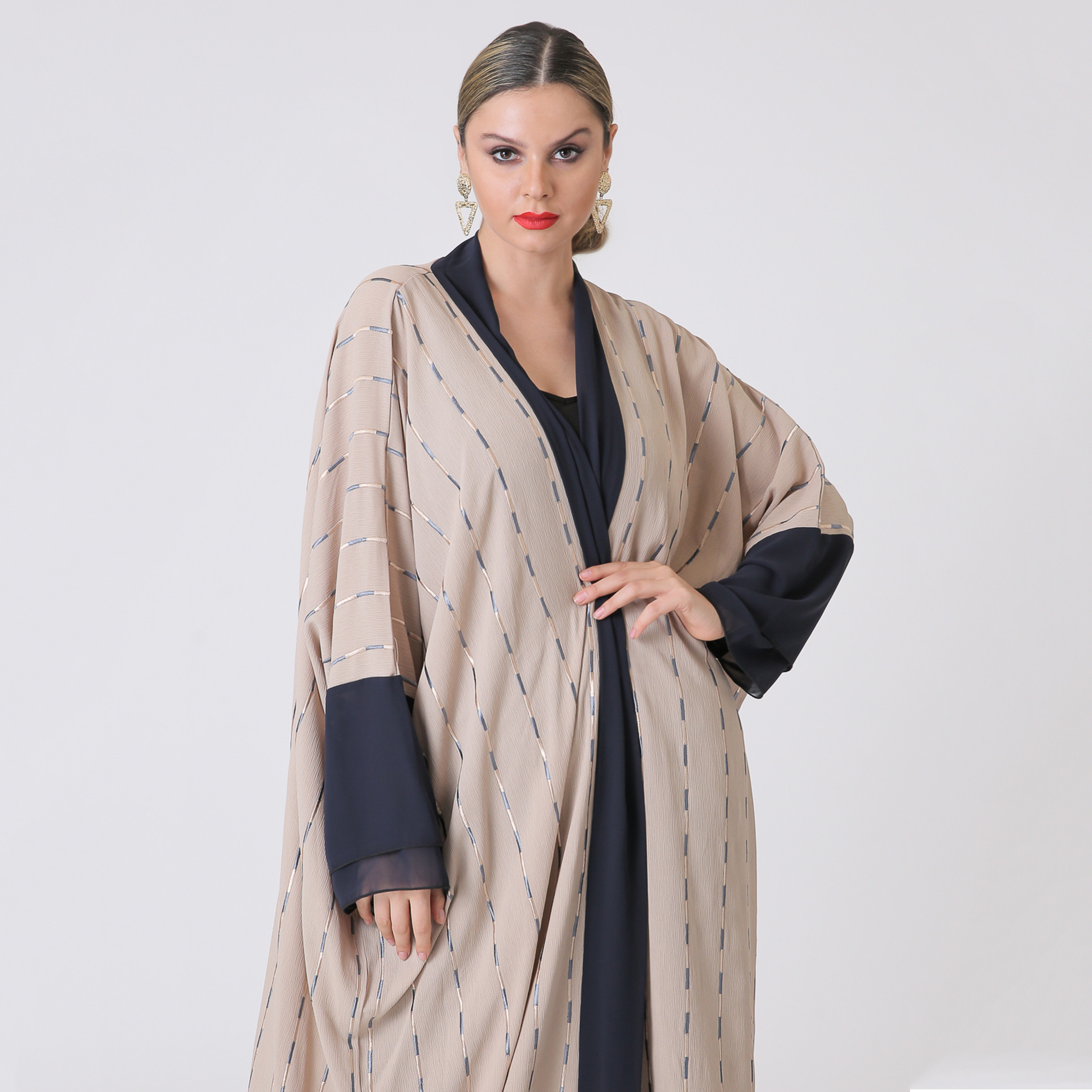 Malikah Polyester Striped Women Beige Abaya-women-arabicclothing-abayas-image-5