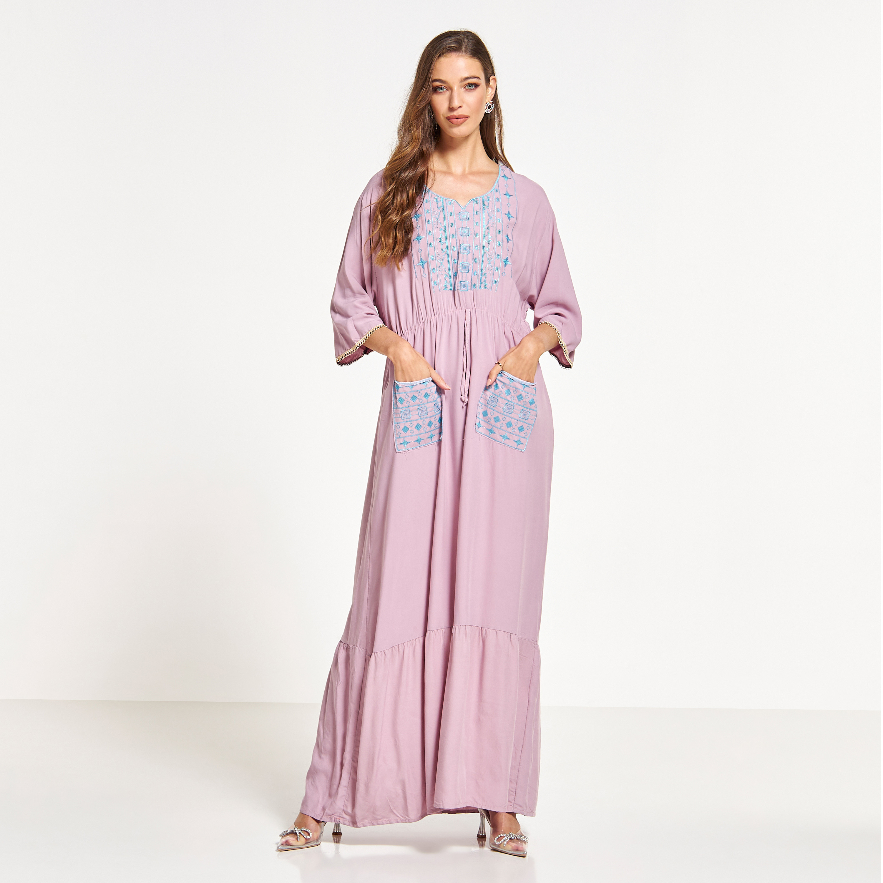 Malikah Embroidered Jalabiya with Drawstring Waist and Front Pockets-women-arabicclothing-jalabiyas-image-1