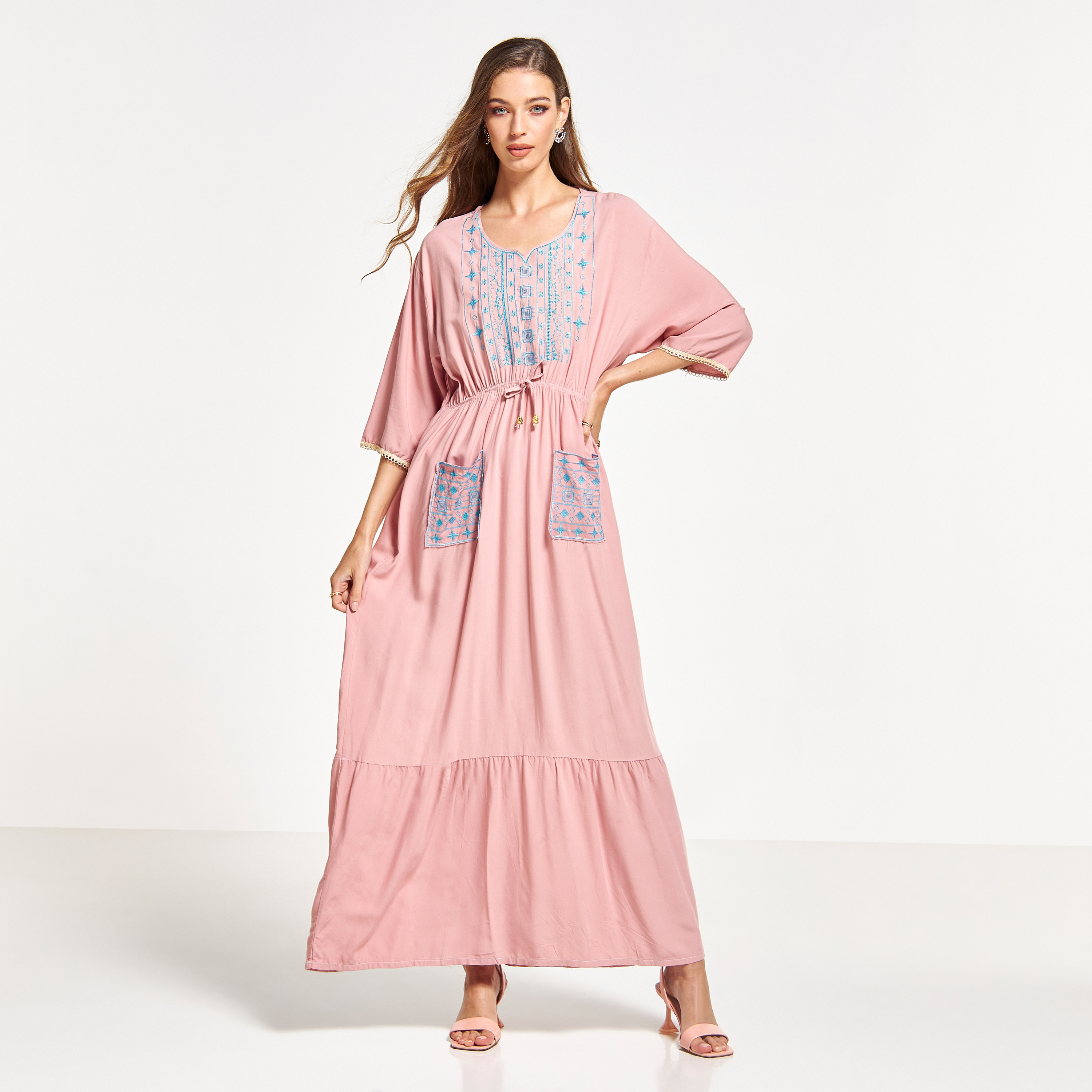 Malikah Embroidered Jalabiya with Drawstring Waist and Front Pockets-women-arabicclothing-jalabiyas-image-1