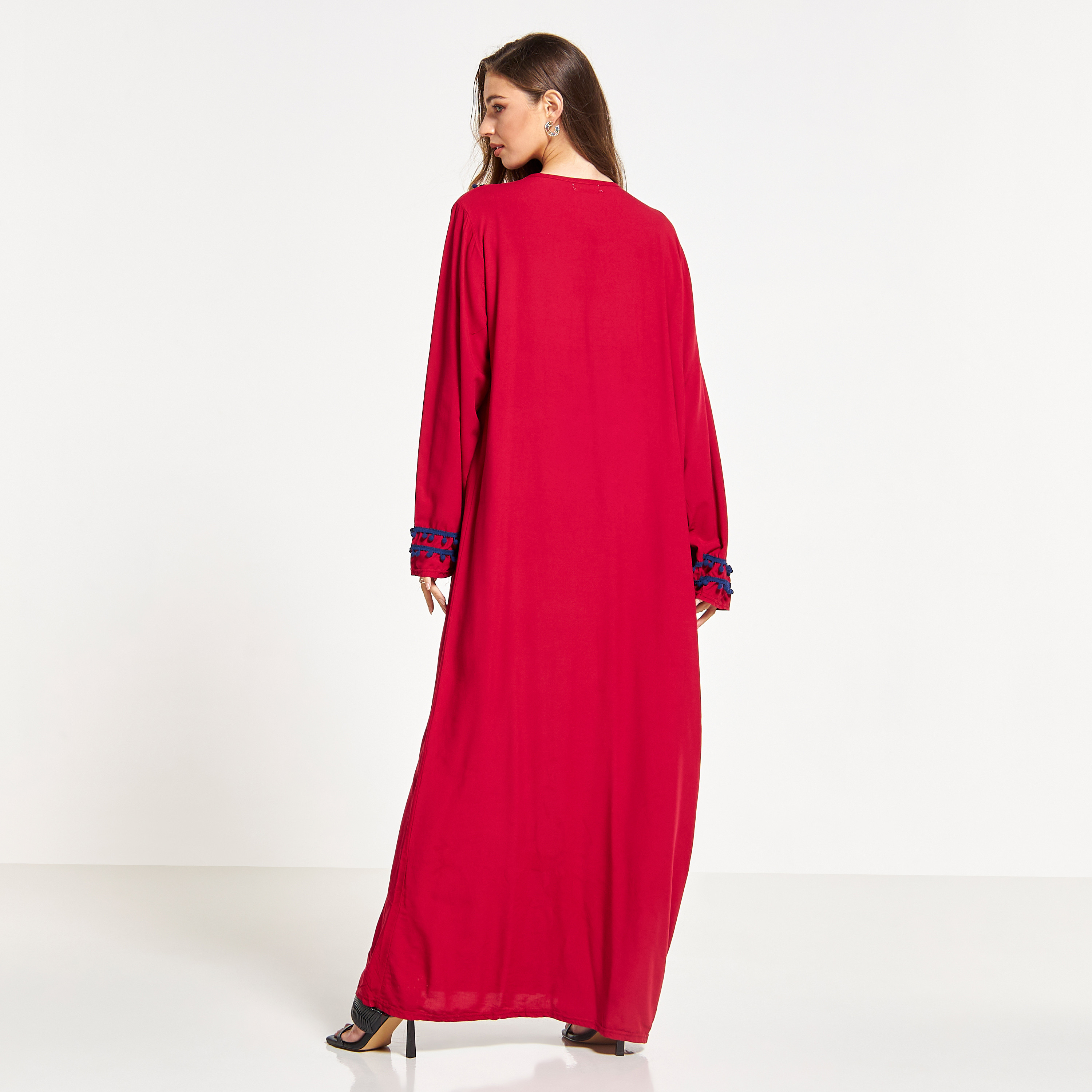 Malikah Embroidered Jalabiya with Long Sleeves and Pom-Pom Accent-women-arabicclothing-jalabiyas-image-2
