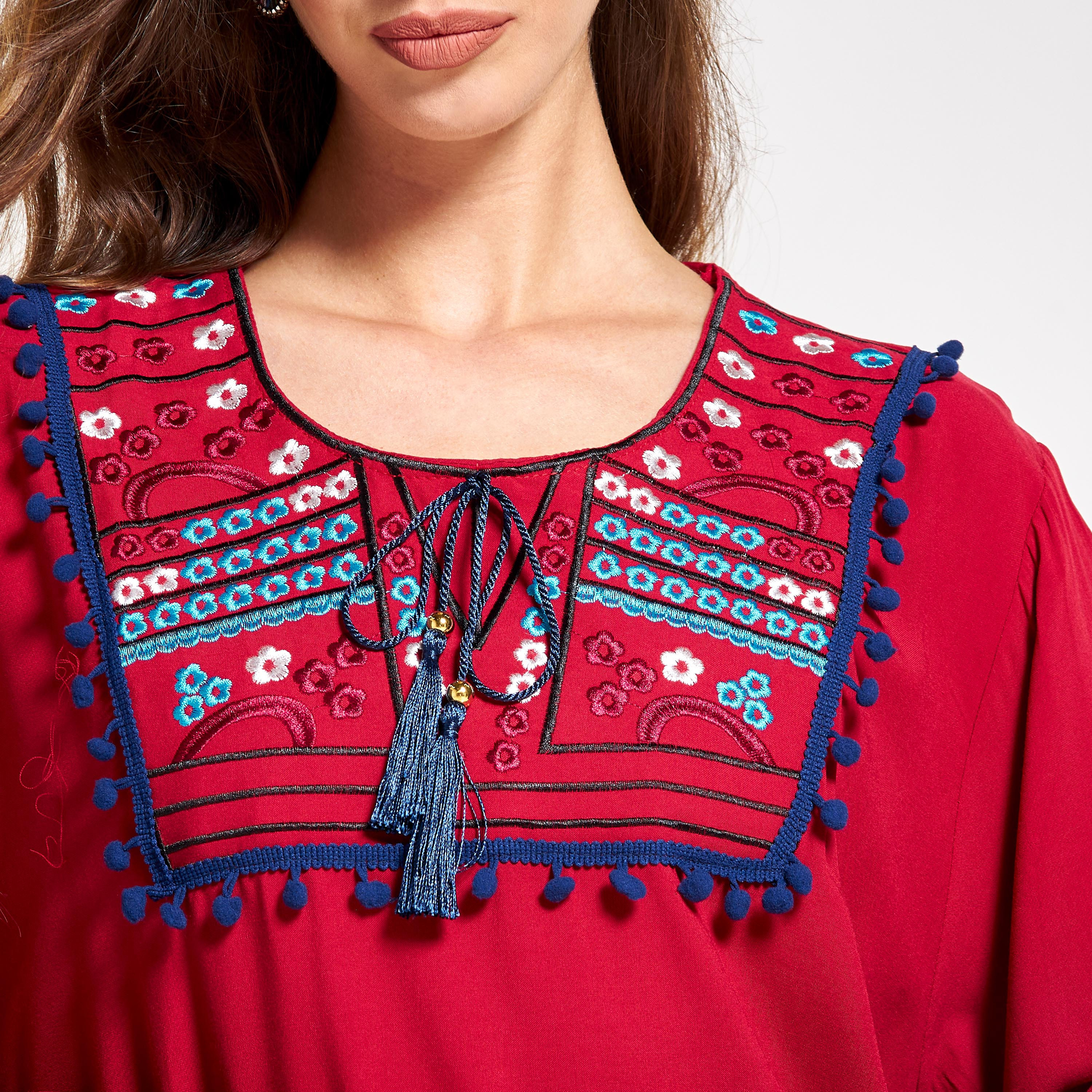 Malikah Embroidered Jalabiya with Long Sleeves and Pom-Pom Accent-women-arabicclothing-jalabiyas-image-5