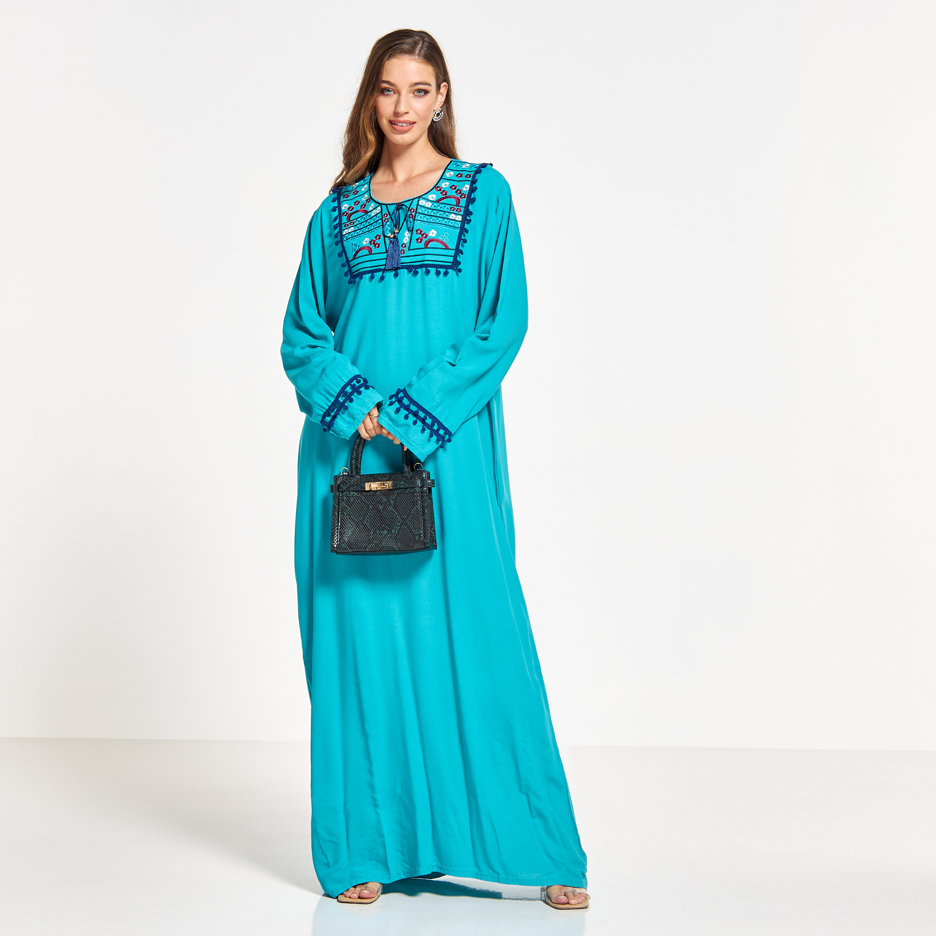 Malikah Embroidered Jalabiya with Pom-Pom Accent and Tie-Up Detail-women-arabicclothing-jalabiyas-image-1