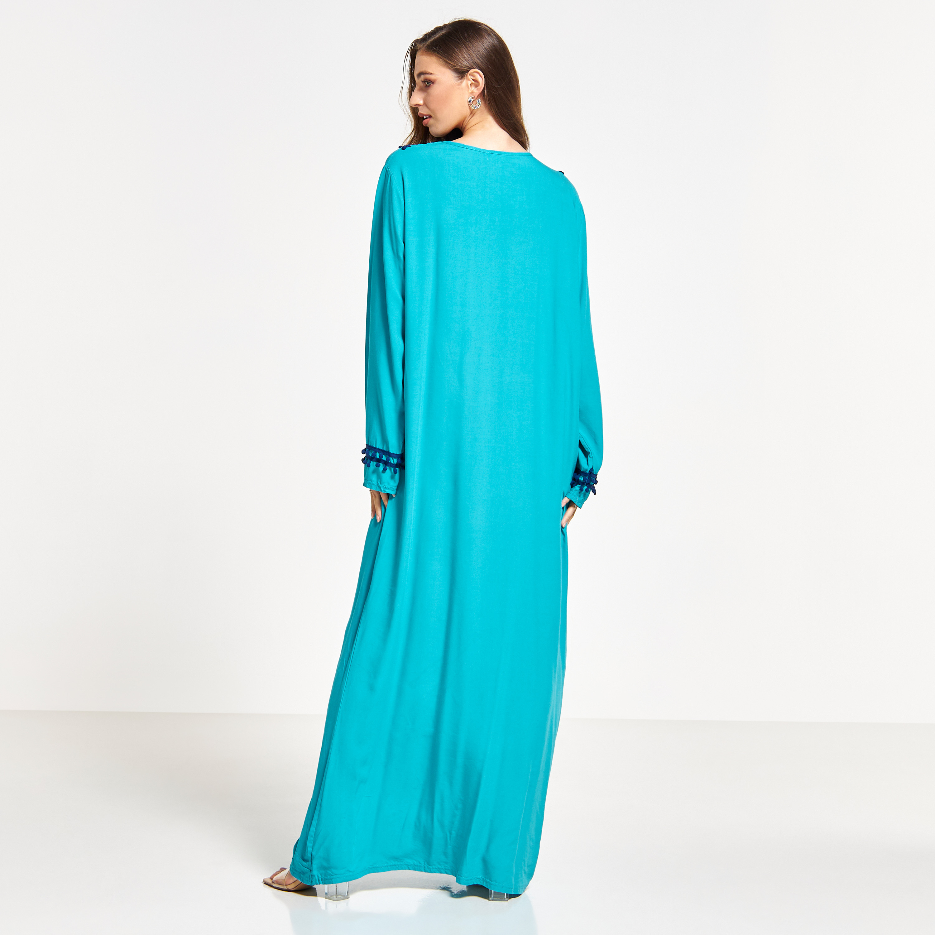 Malikah Embroidered Jalabiya with Pom-Pom Accent and Tie-Up Detail-women-arabicclothing-jalabiyas-image-2