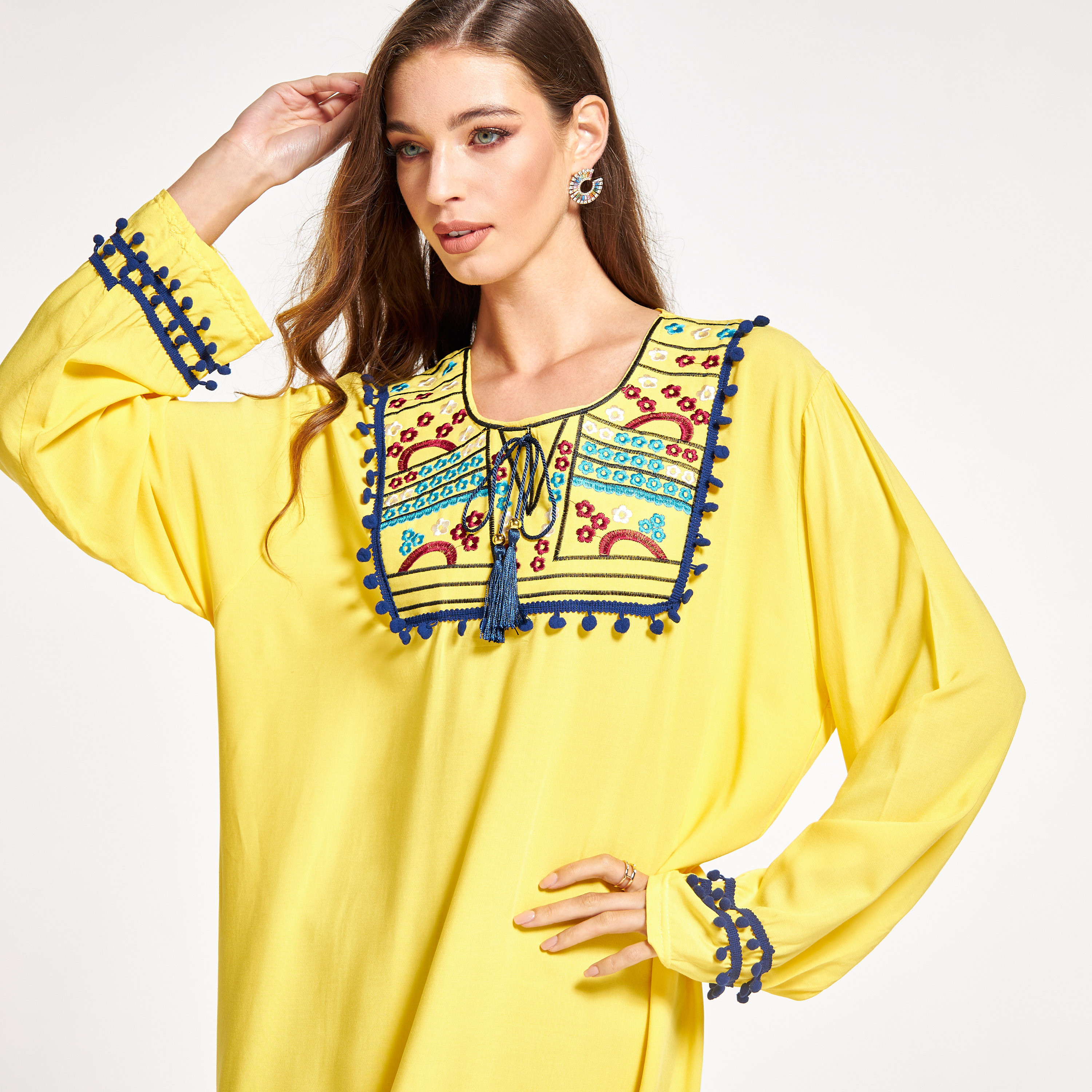 Malikah Embroidered Jalabiya with Pom-Pom Accent-women-arabicclothing-jalabiyas-image-3
