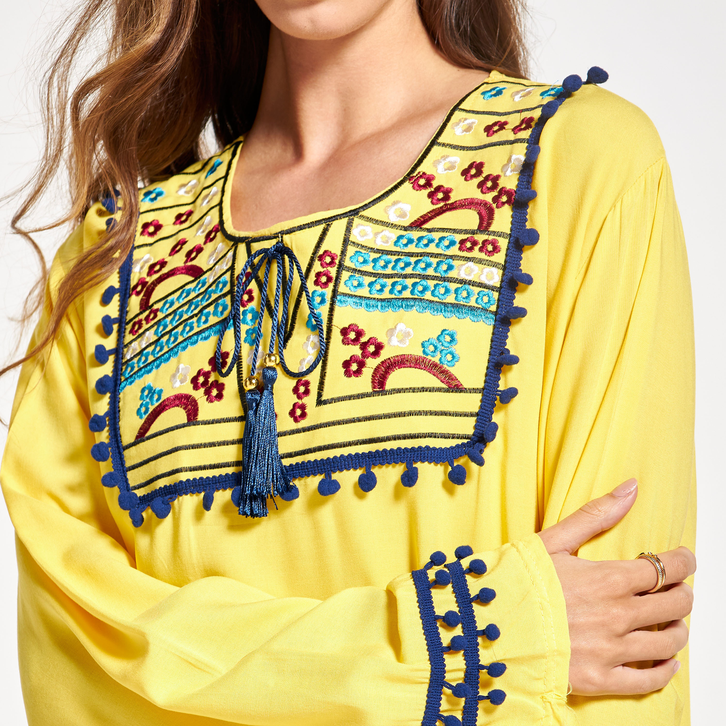 Malikah Embroidered Jalabiya with Pom-Pom Accent-women-arabicclothing-jalabiyas-image-5