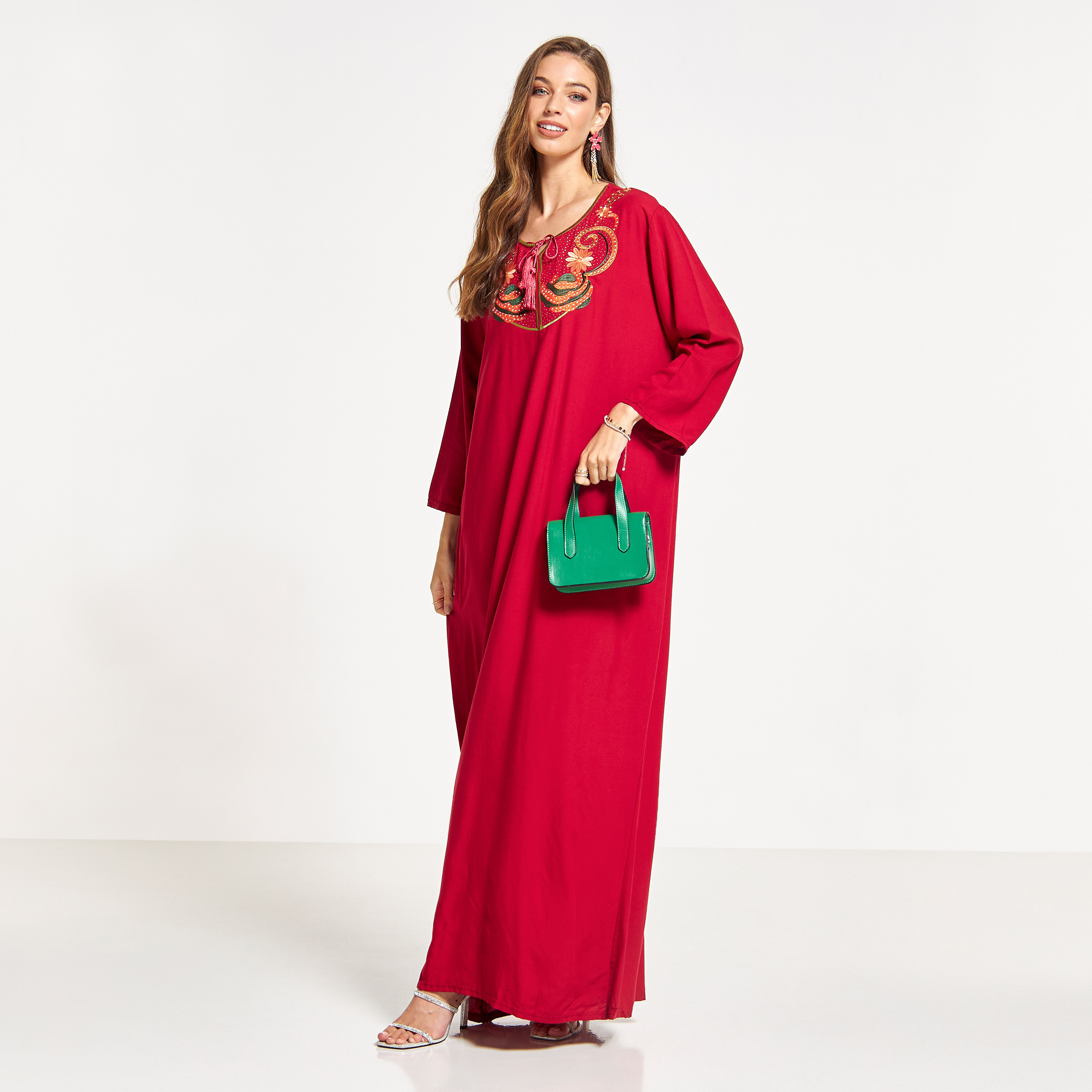 Malikah Embroidered Jalabiya with Tie-Up Detail Neck-women-arabicclothing-jalabiyas-image-1