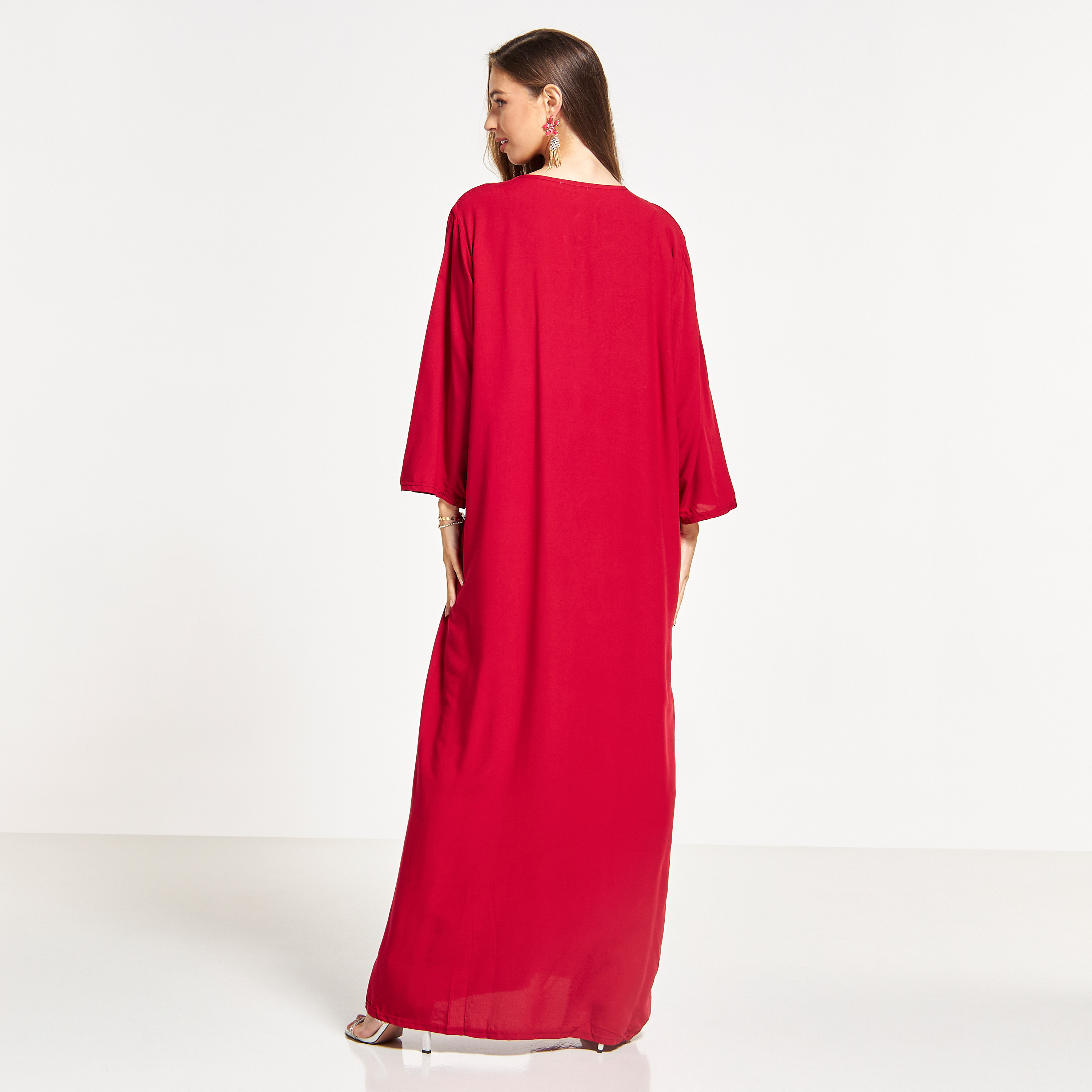 Malikah Embroidered Jalabiya with Tie-Up Detail Neck-women-arabicclothing-jalabiyas-image-2