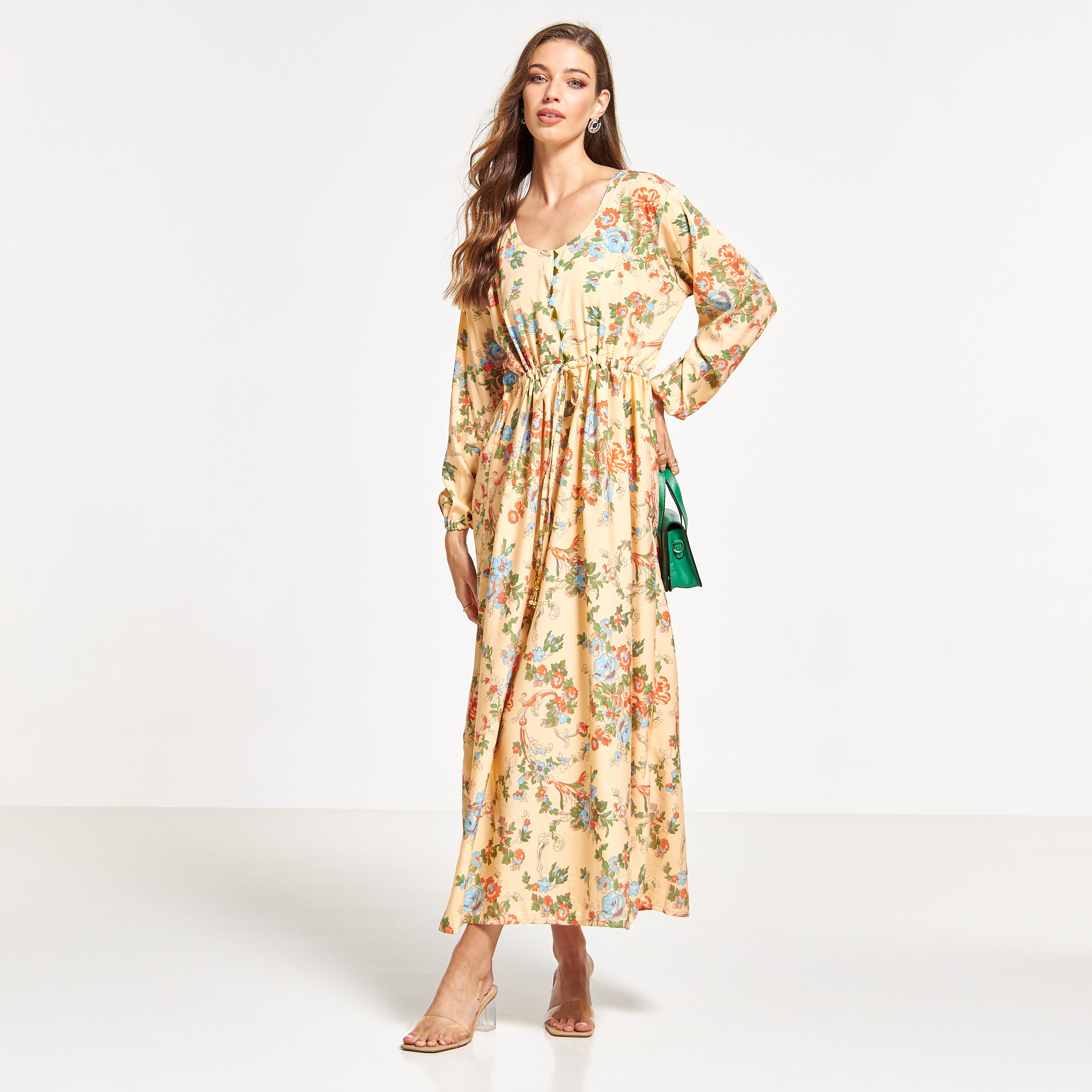 Malikah All-Over Floral Print Jalabiya with Drawstring Waist-women-arabicclothing-jalabiyas-image-1