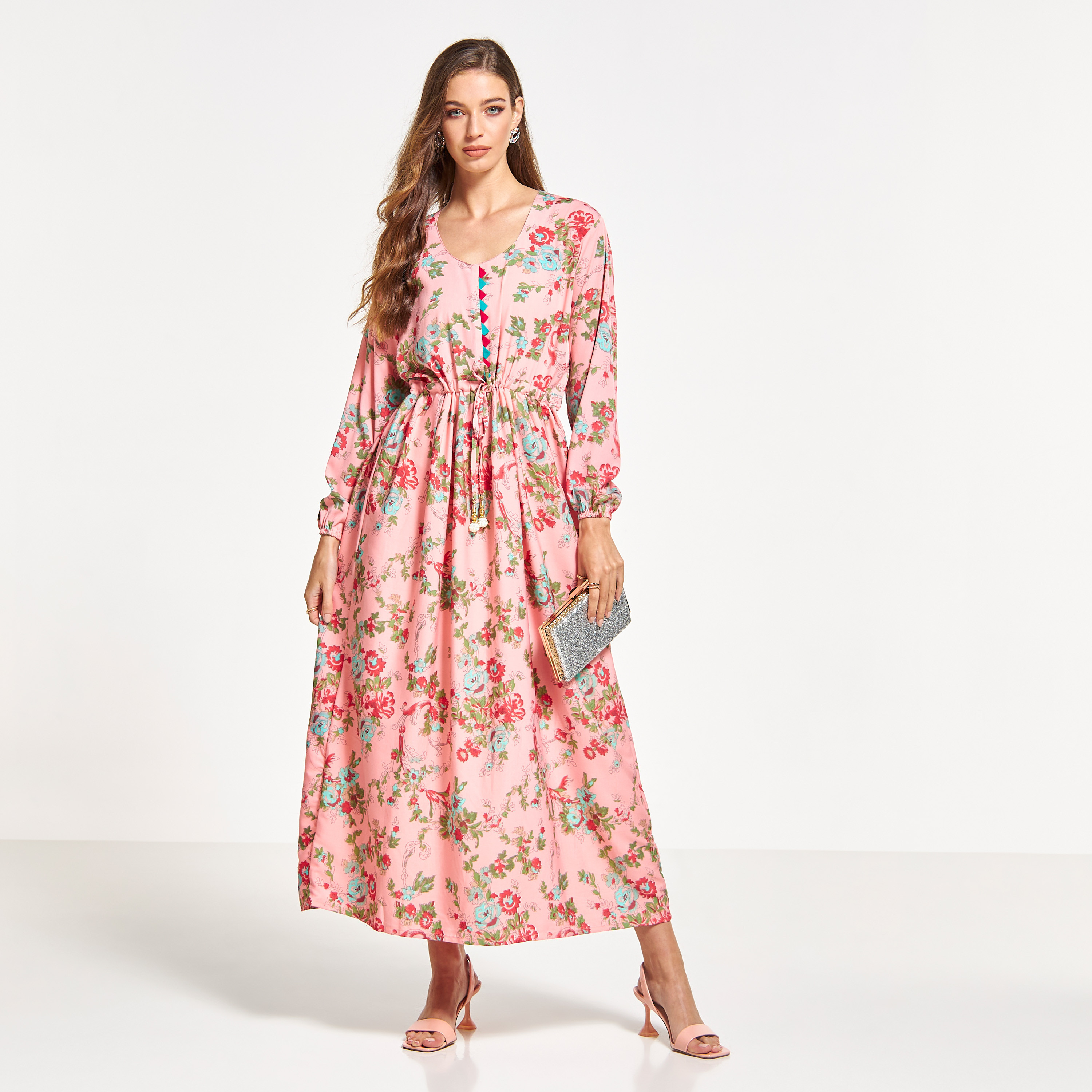 Malikah All-Over Floral Print Jalabiya with Drawstring Waist-women-arabicclothing-jalabiyas-image-1
