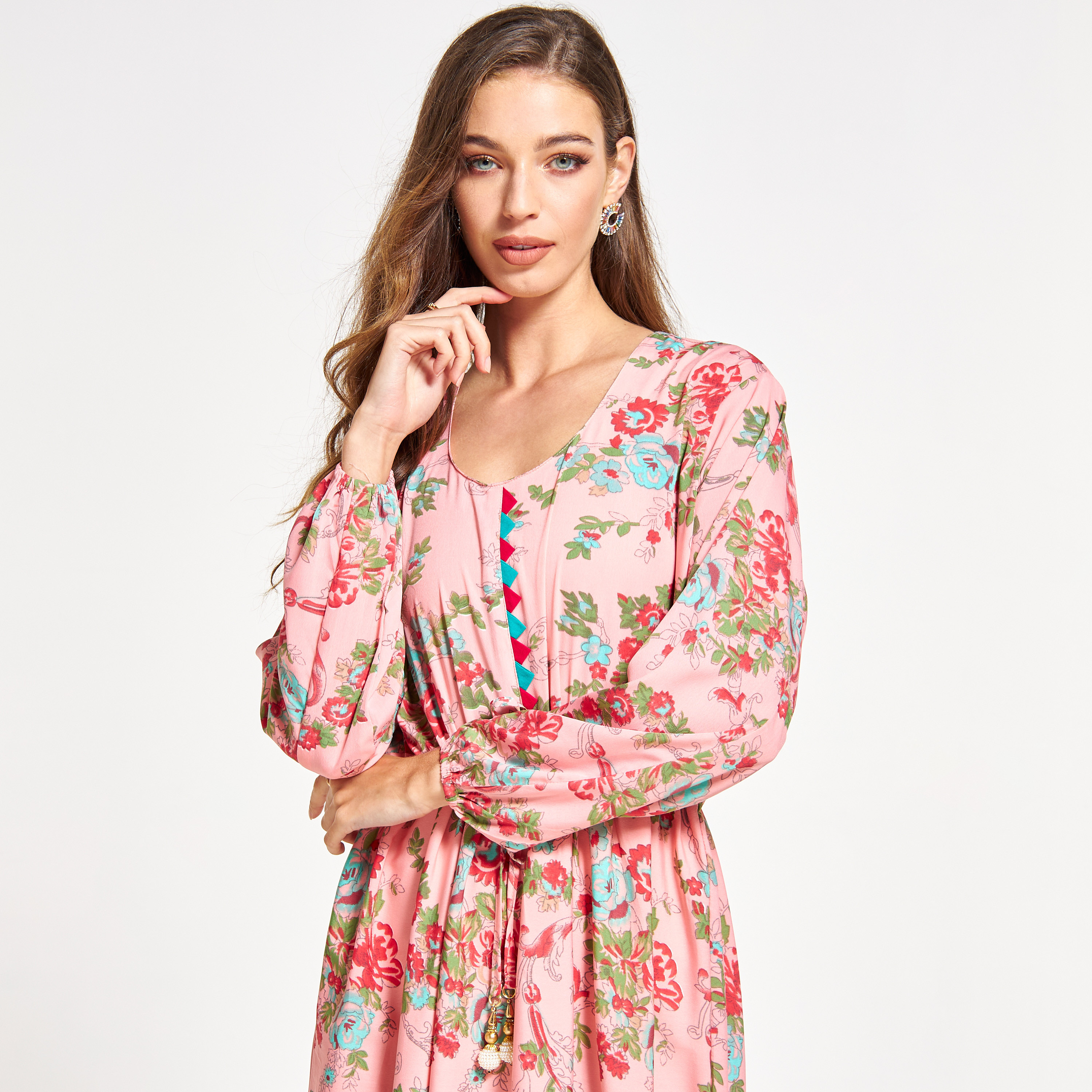Malikah All-Over Floral Print Jalabiya with Drawstring Waist-women-arabicclothing-jalabiyas-image-3