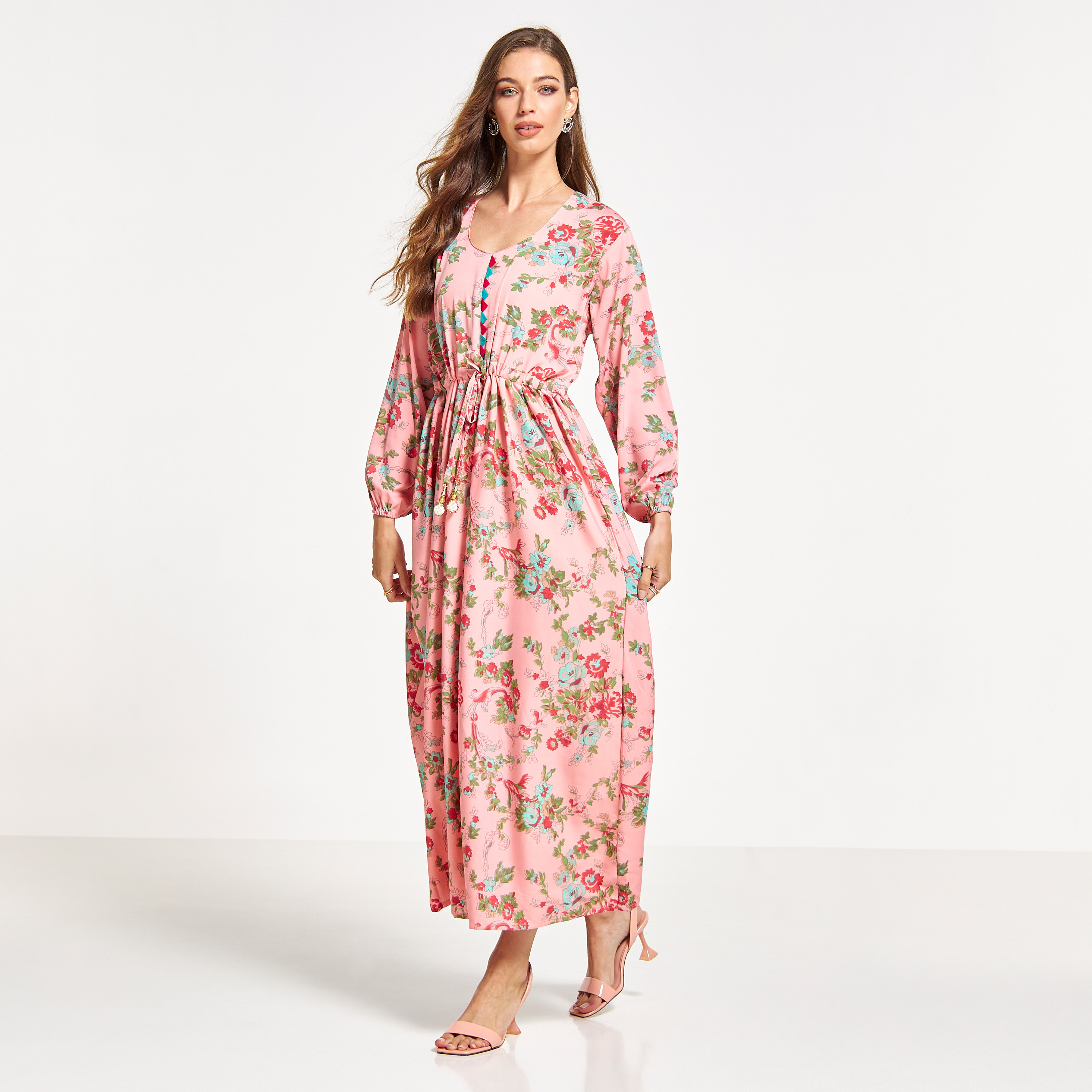 جلابية بخصر رباط وطبعات زهرية من مليكة-women-arabicclothing-jalabiyas-image-4
