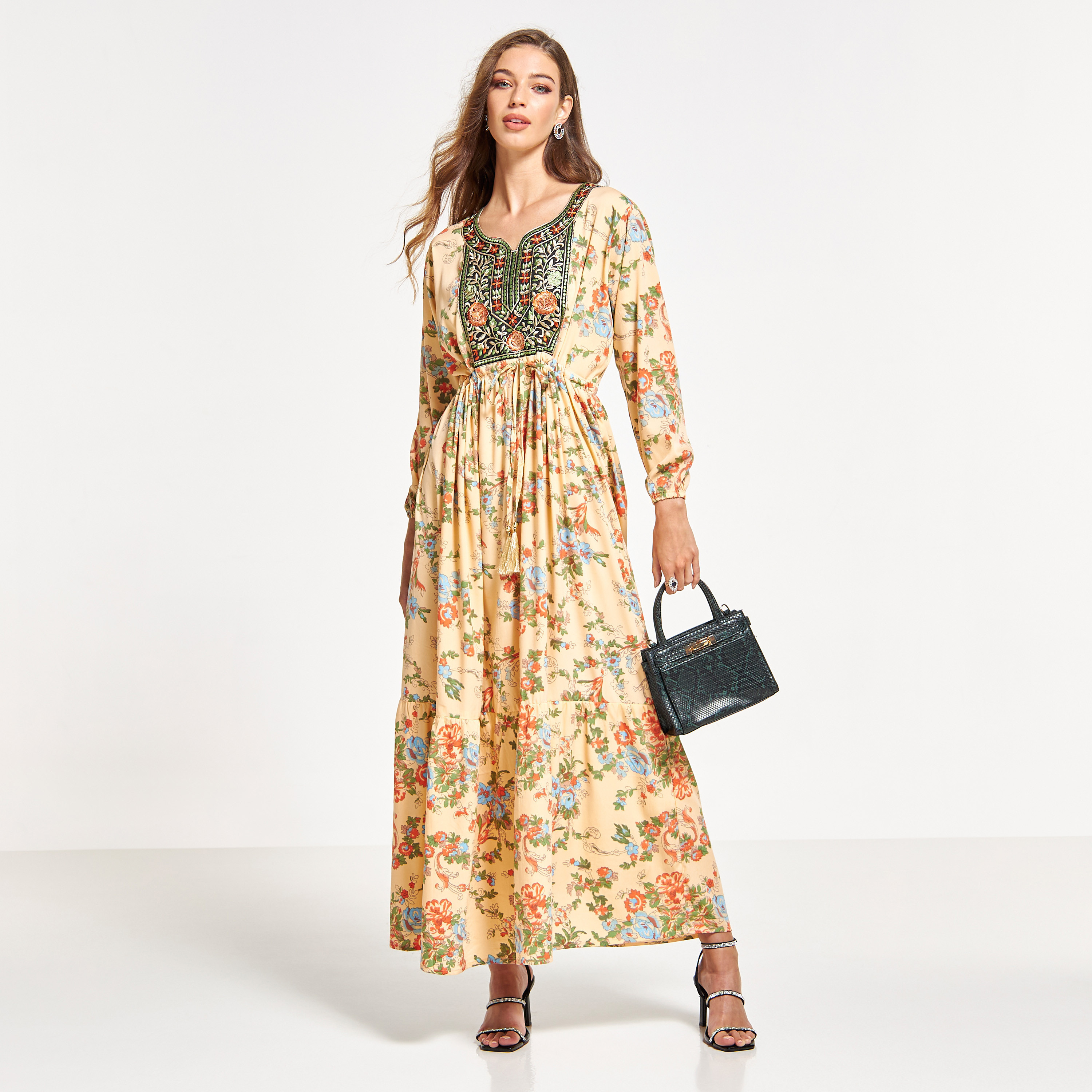 Malikah Embroidered Jalabiya with Tie-Ups and Tassels-women-arabicclothing-jalabiyas-image-1