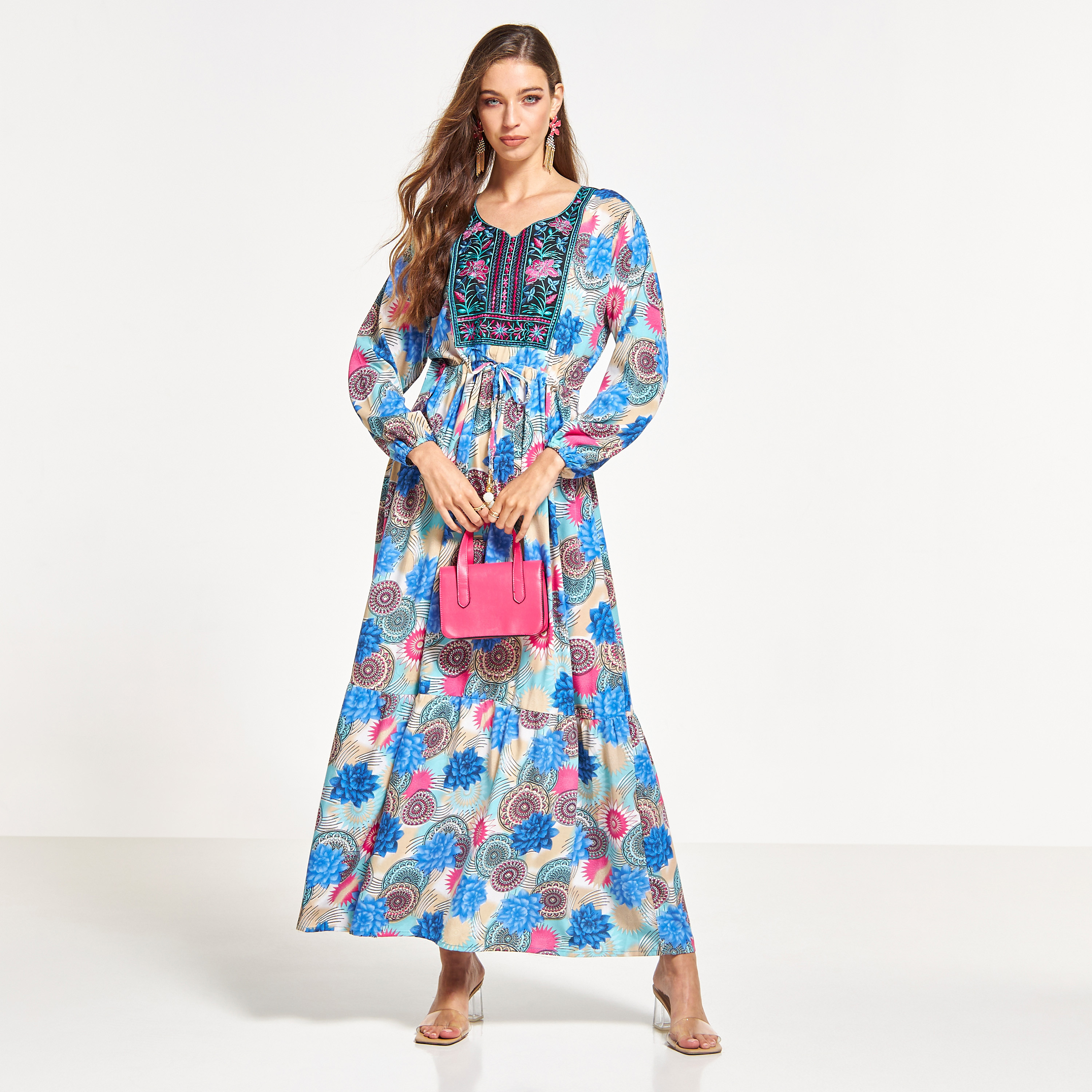 Malikah Embroidered Jalabiya with Tie-Ups and Beaded Ball Accents-women-arabicclothing-jalabiyas-image-1