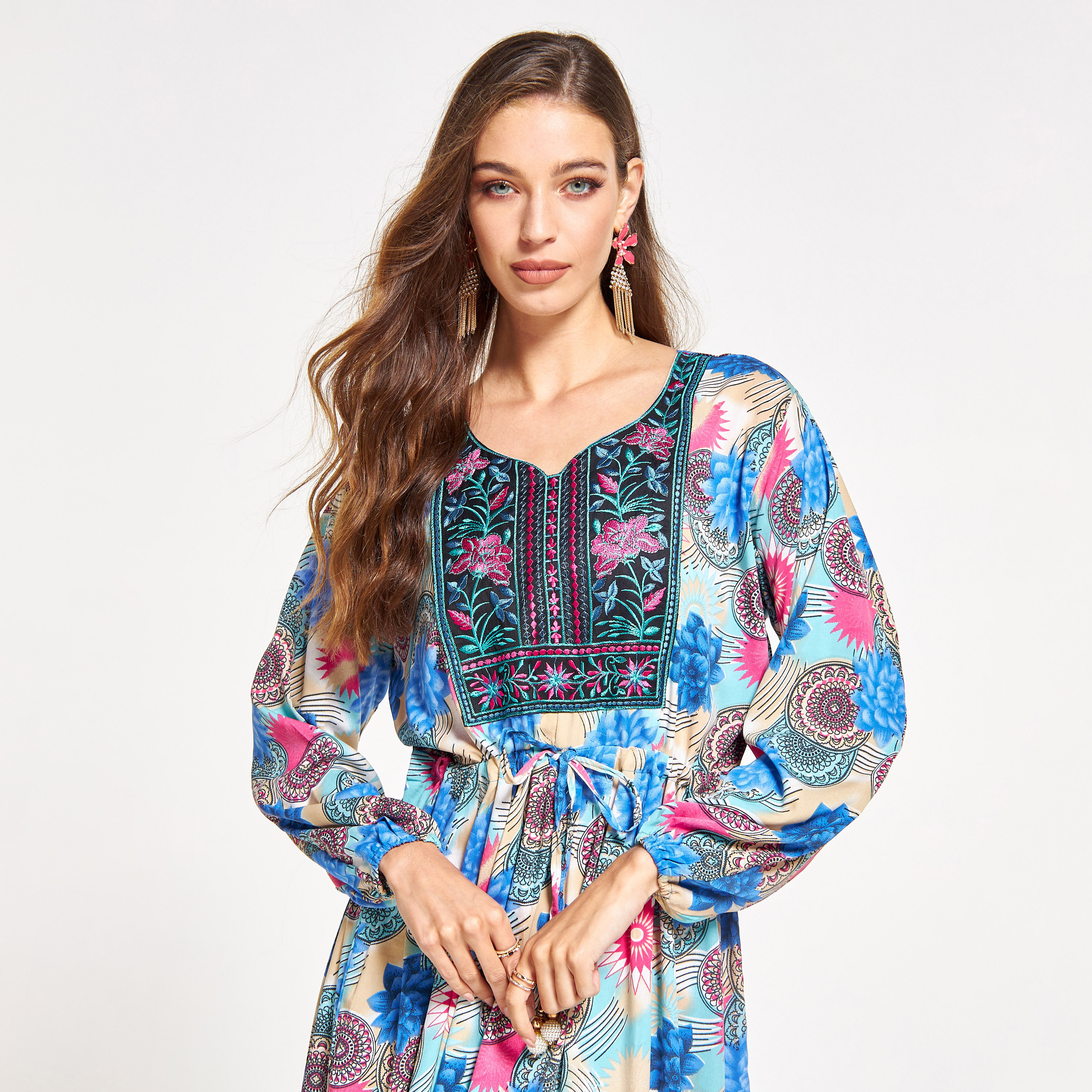 Malikah Embroidered Jalabiya with Tie-Ups and Beaded Ball Accents-women-arabicclothing-jalabiyas-image-3