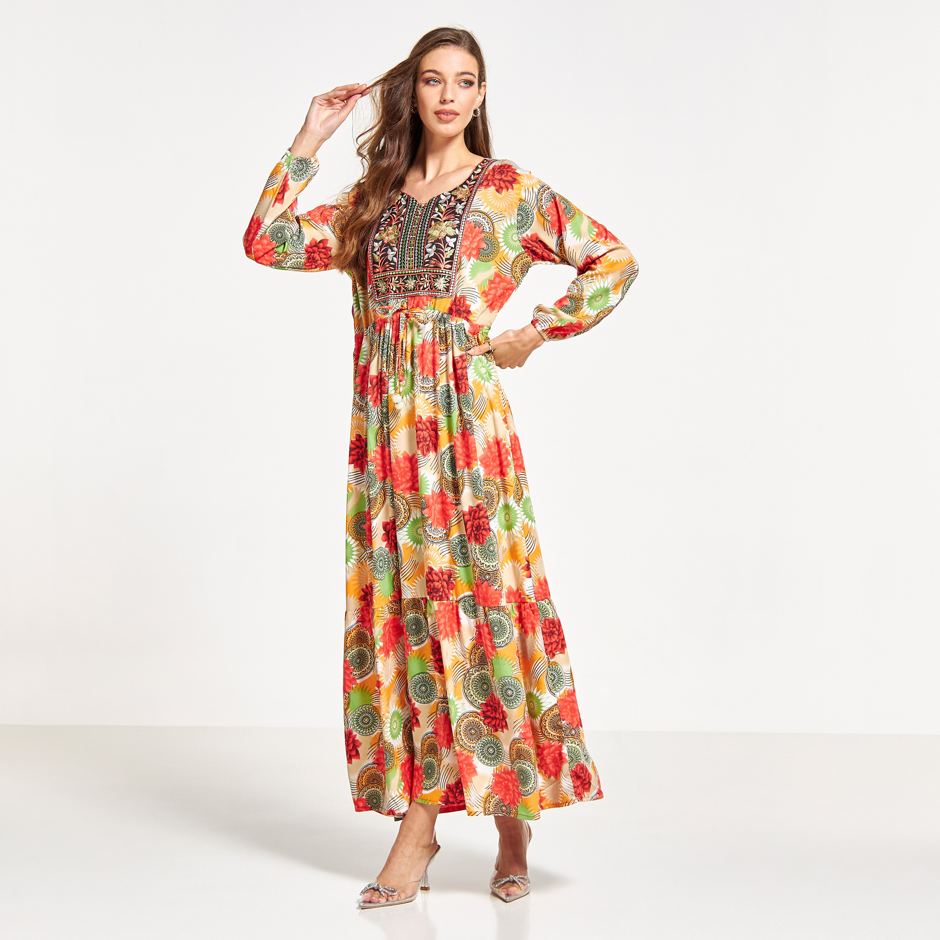 Malikah Embroidered Jalabiya with Tie-Ups and Beaded Ball Accents-women-arabicclothing-jalabiyas-image-4