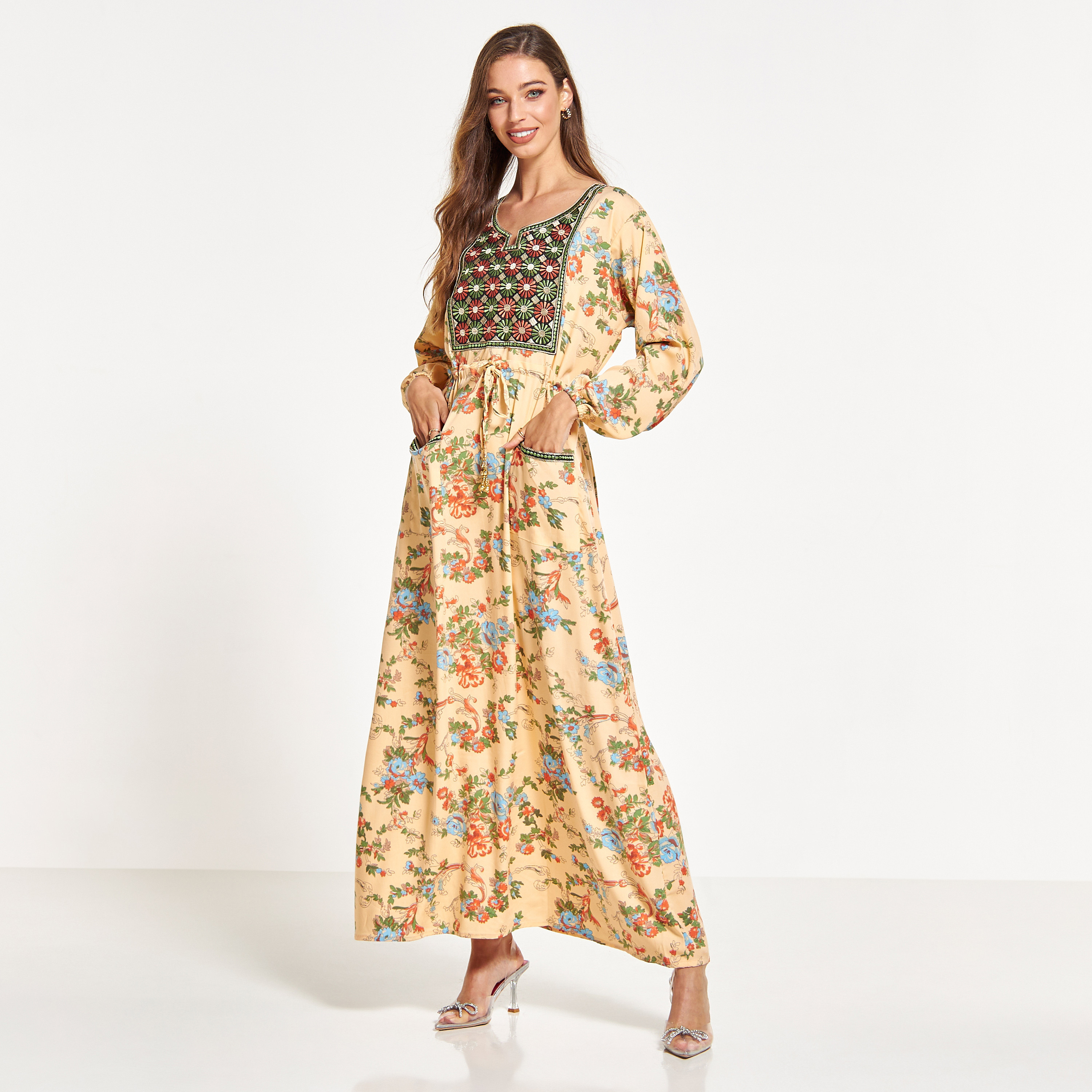 Malikah Embroidered Jalabiya with Tie-Ups and Pockets-women-arabicclothing-jalabiyas-image-1